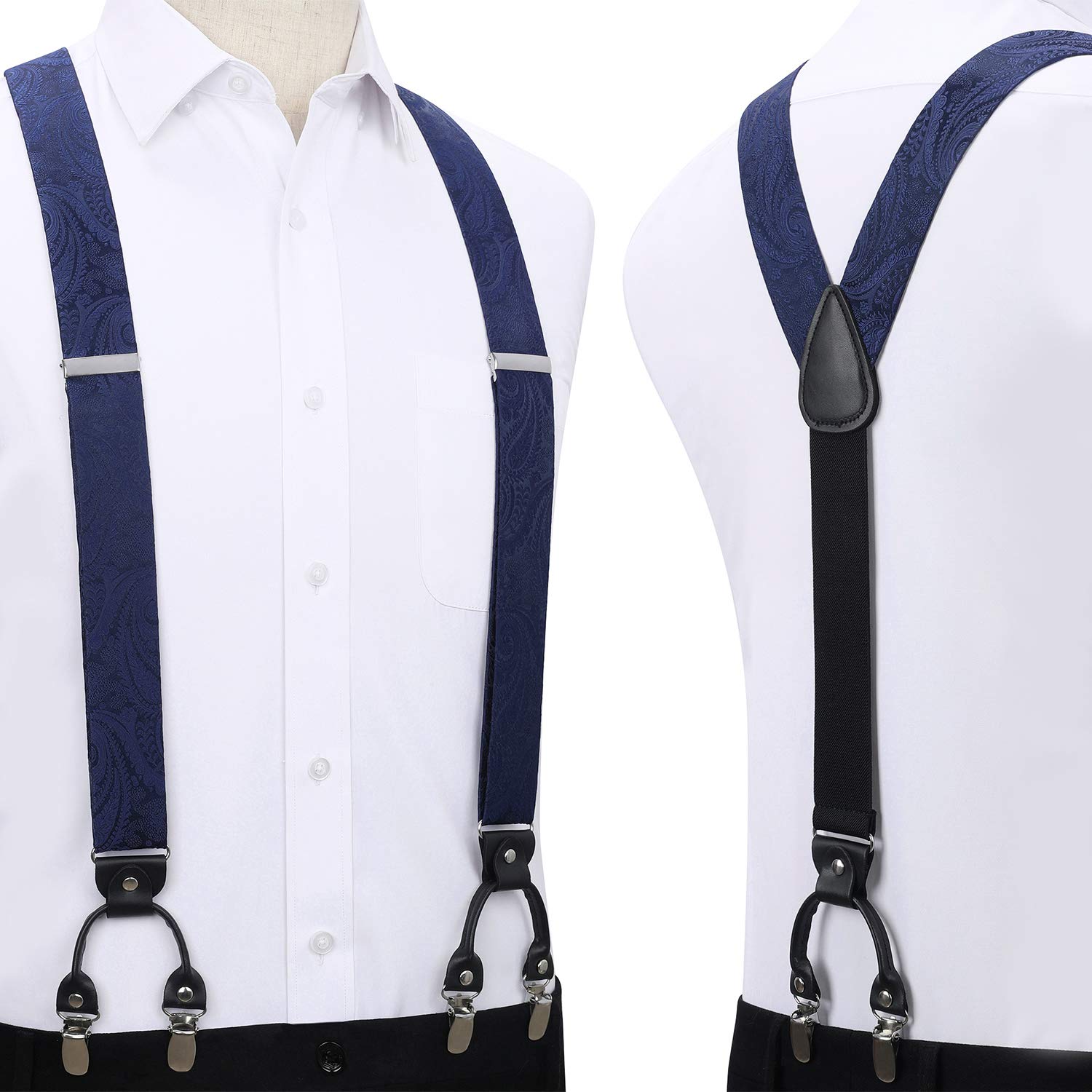 HISDERN Bretelles Homme avec 6 Clips Extra Résistants Élastique en Forme de Y Longueur Réglable Bretelle et Pre-Noue Noeud Papillon Poche Carre Ensemble Homme Pour Fête Mariage
