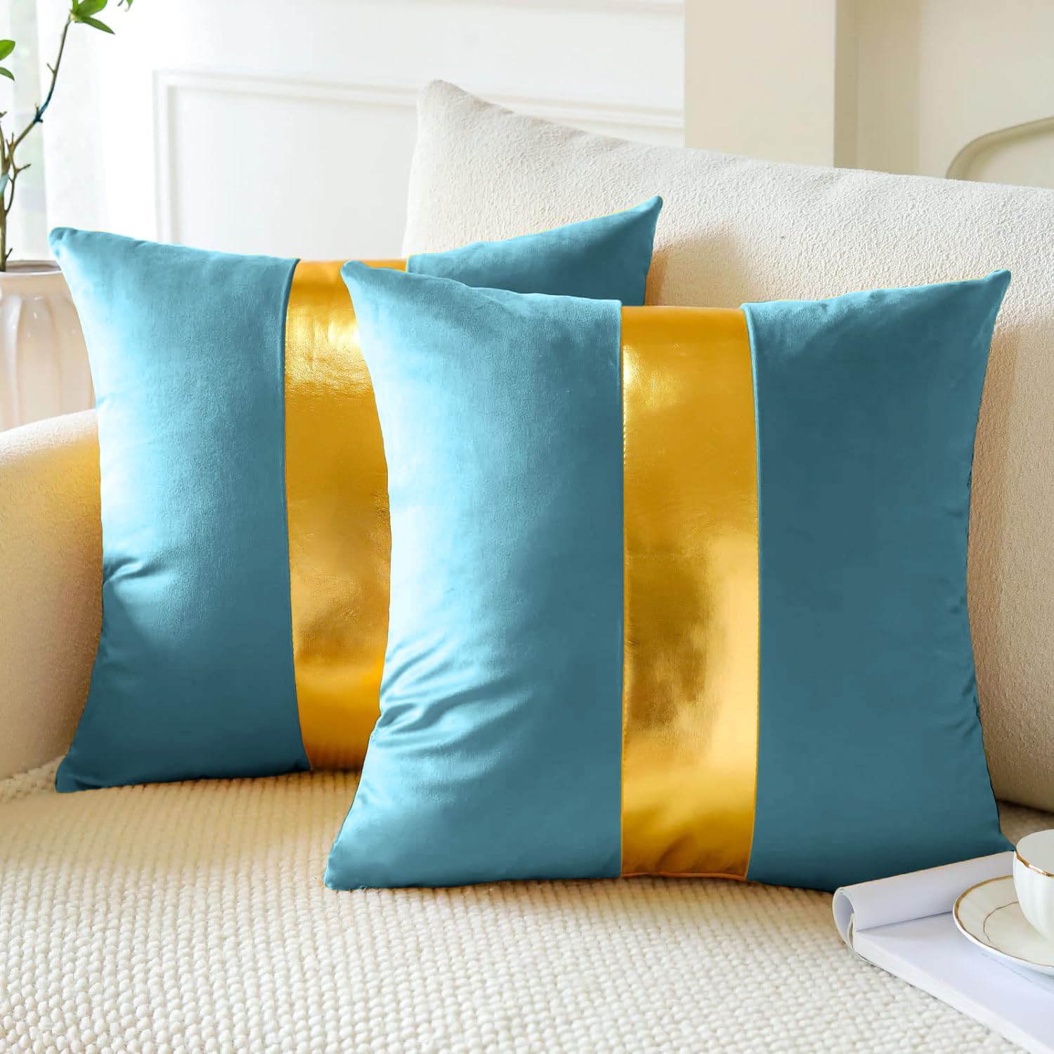 AEROHAVEN™ Set of 2 Premium Velvet with Gold Stripes Decorative Throw Pillow/Cushion Covers with Invisible Zipper - (18 x 18 Inch, Aqua) (B0CVGZM1XY) Amazon Price History, Amazon Price Tracker