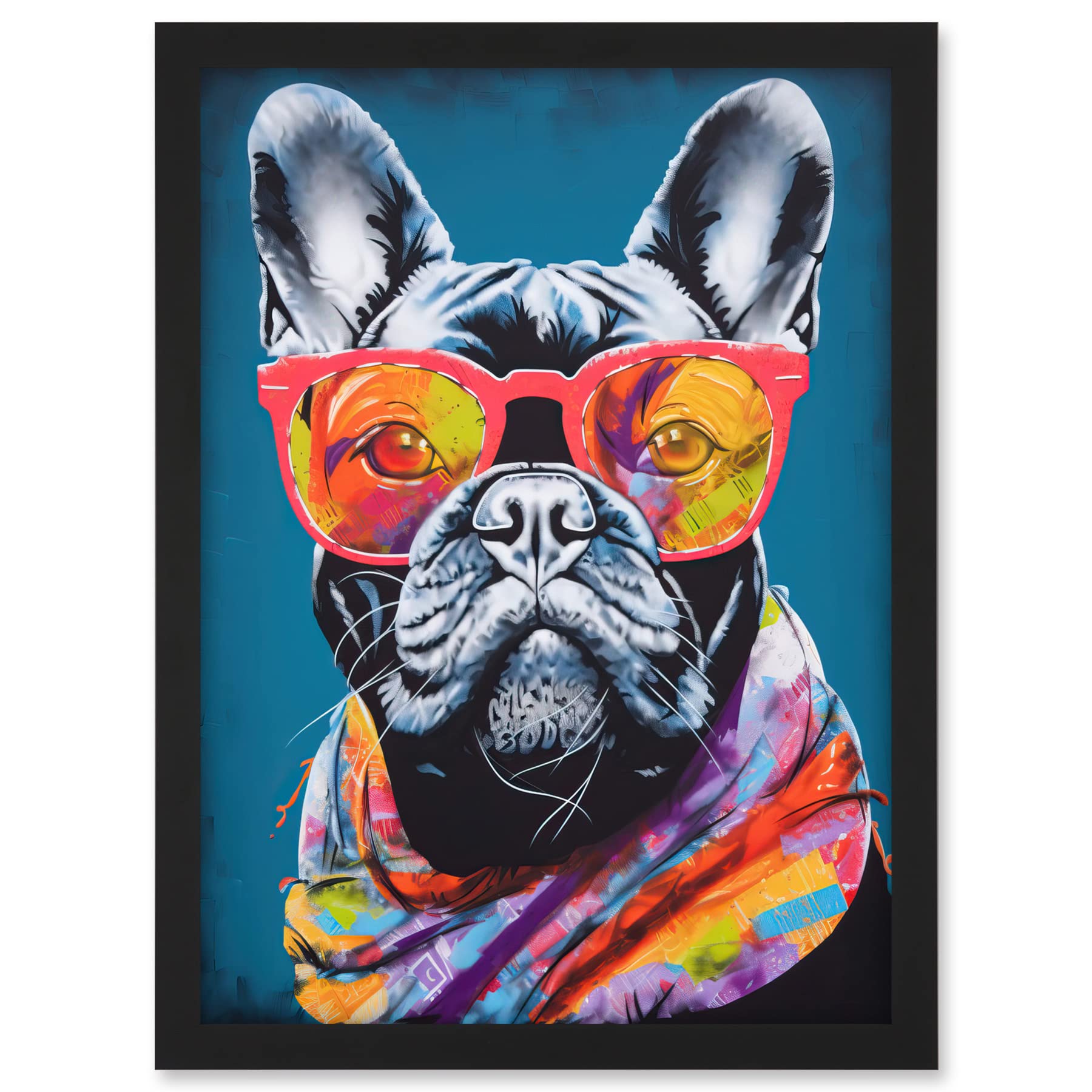 Artery8 English Bulldog with Neon Bandana and Sunglasses Artwork Framed A3 Wall Art Print