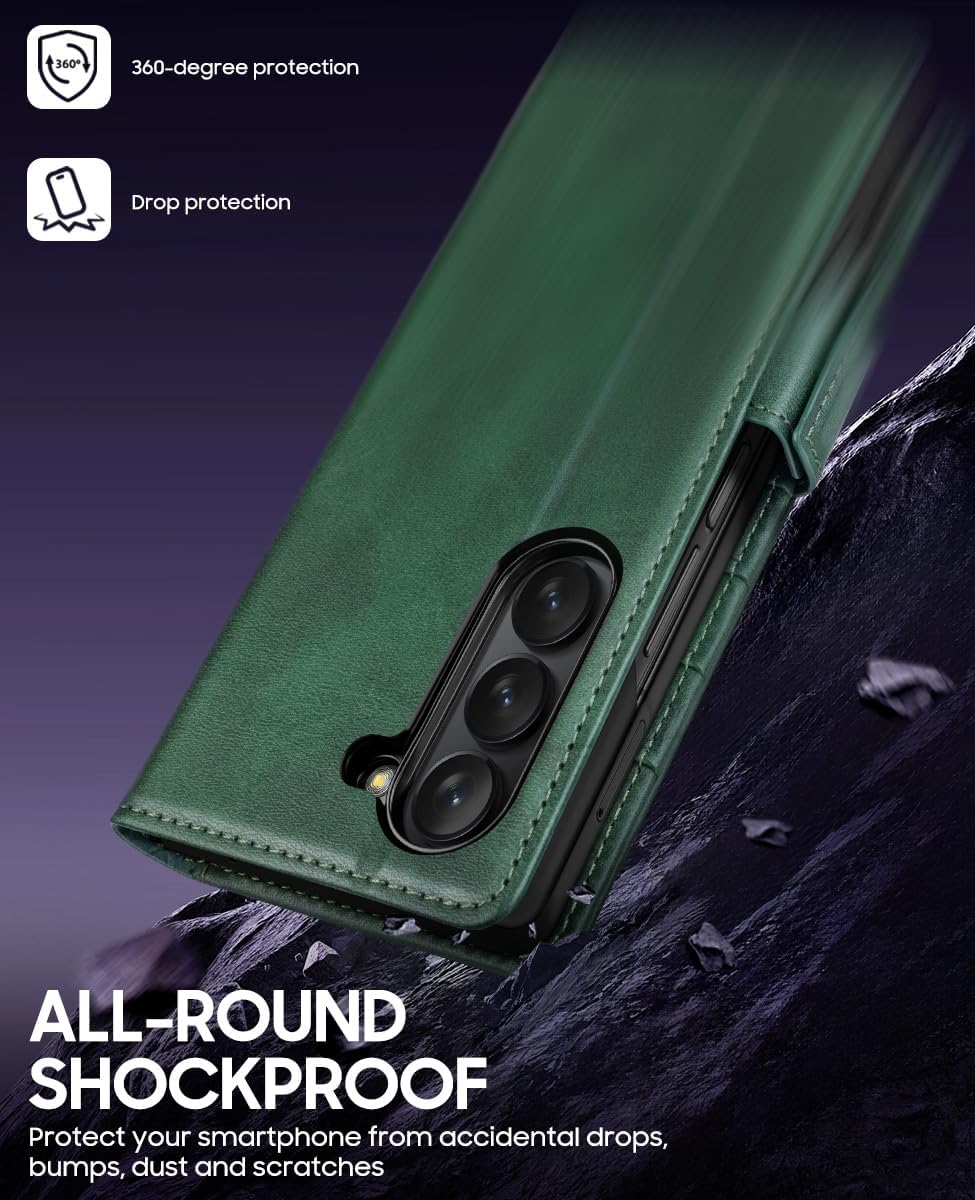 OCASE Compatible with Samsung Galaxy Z Fold7 Wallet Case, PU Leather Flip Folio Phone Cover with Card Slots, RFID Blocking, Kickstand & Wrist Strap for Z Fold 7 2025, Blackish Green