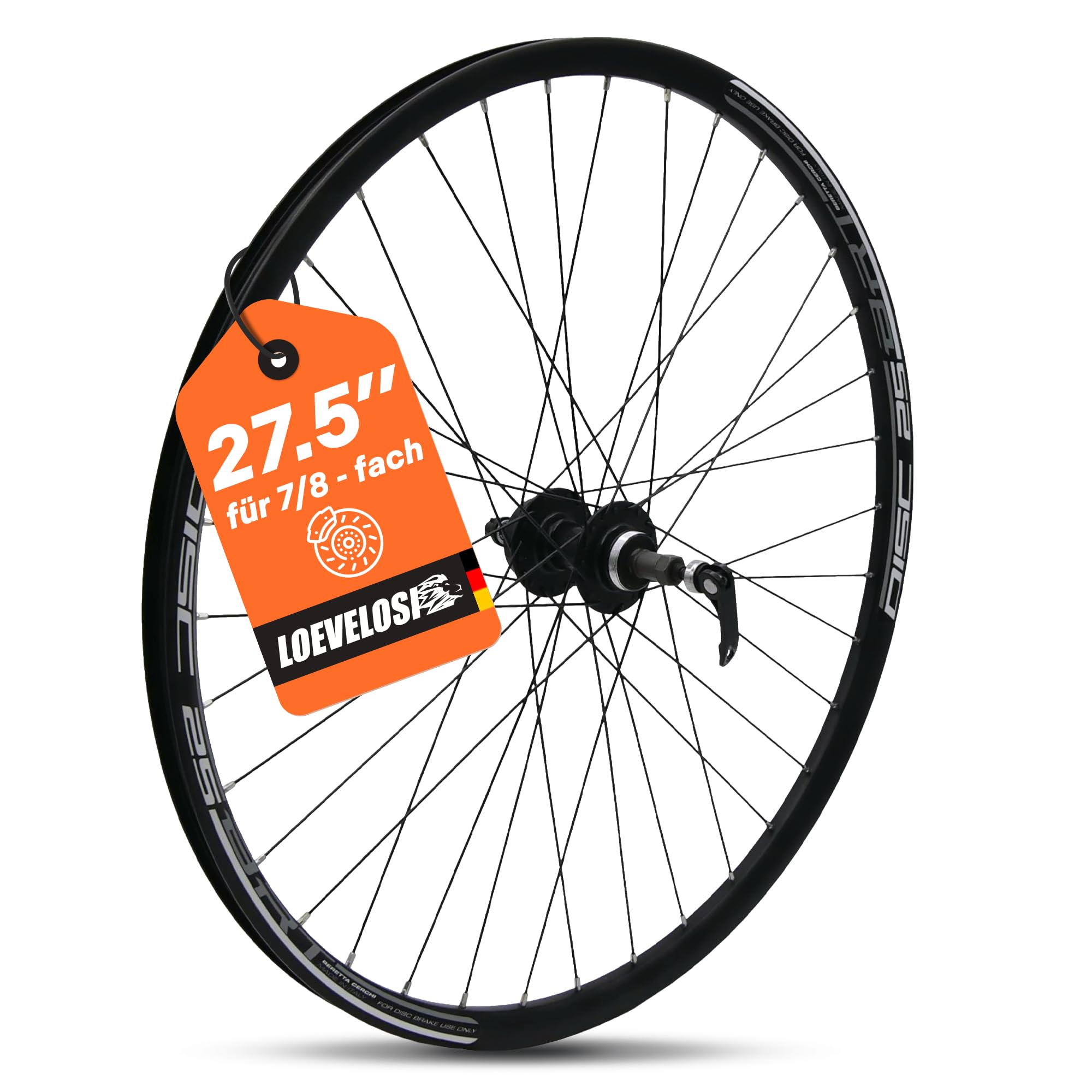 MTB Hinterrad 27,5 Zoll Fahrrad Laufrad - Scheibenbremse 6-Loch - QR 9/10×135 - Schraubkranz 7/8-fach – Alu Felge & Nabe - 36 Speichen - Schwarz - LOEVELOSI