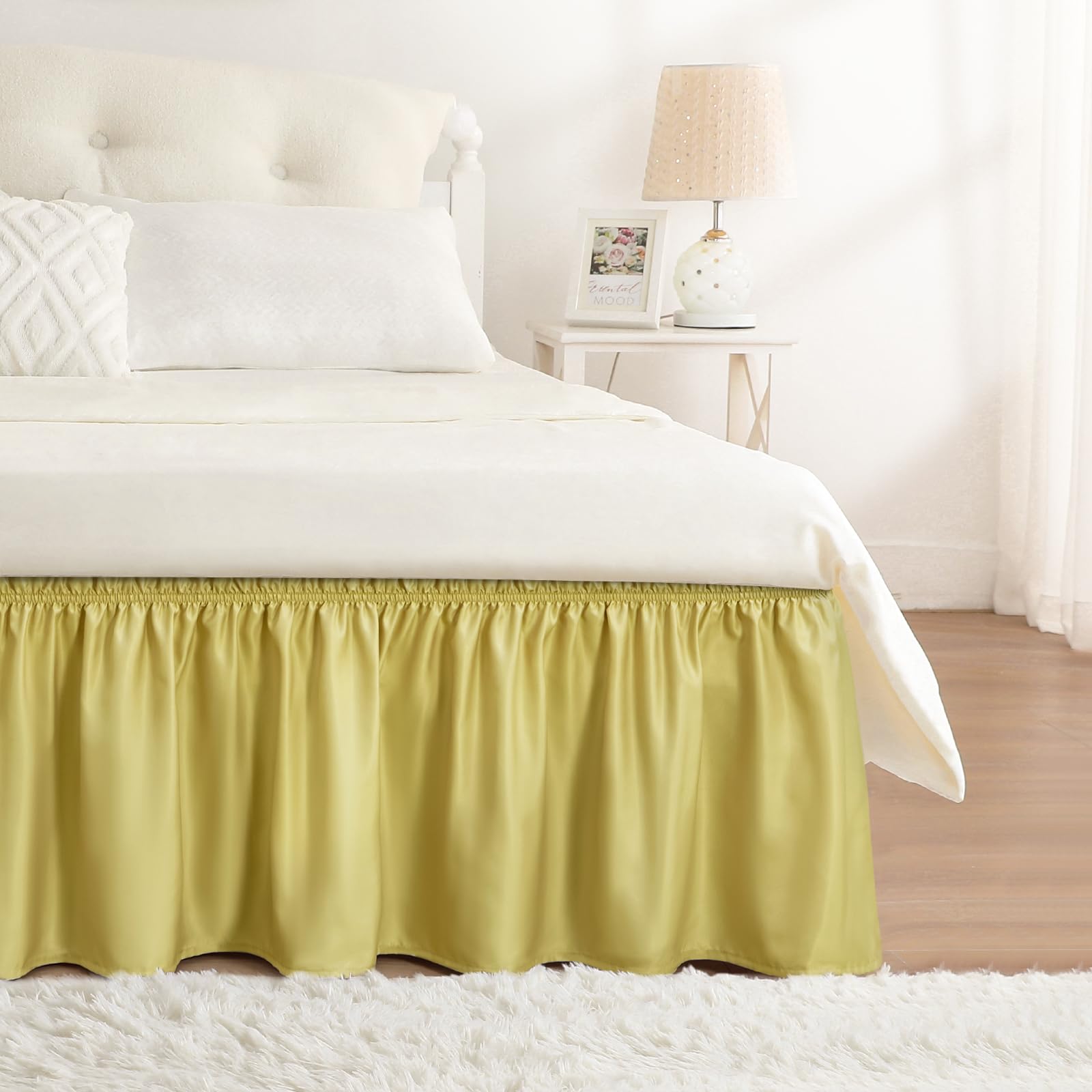 Gold Green Bed Skirt Queen Size 15" Drop, Elastic Wrap Around Bedskirt
