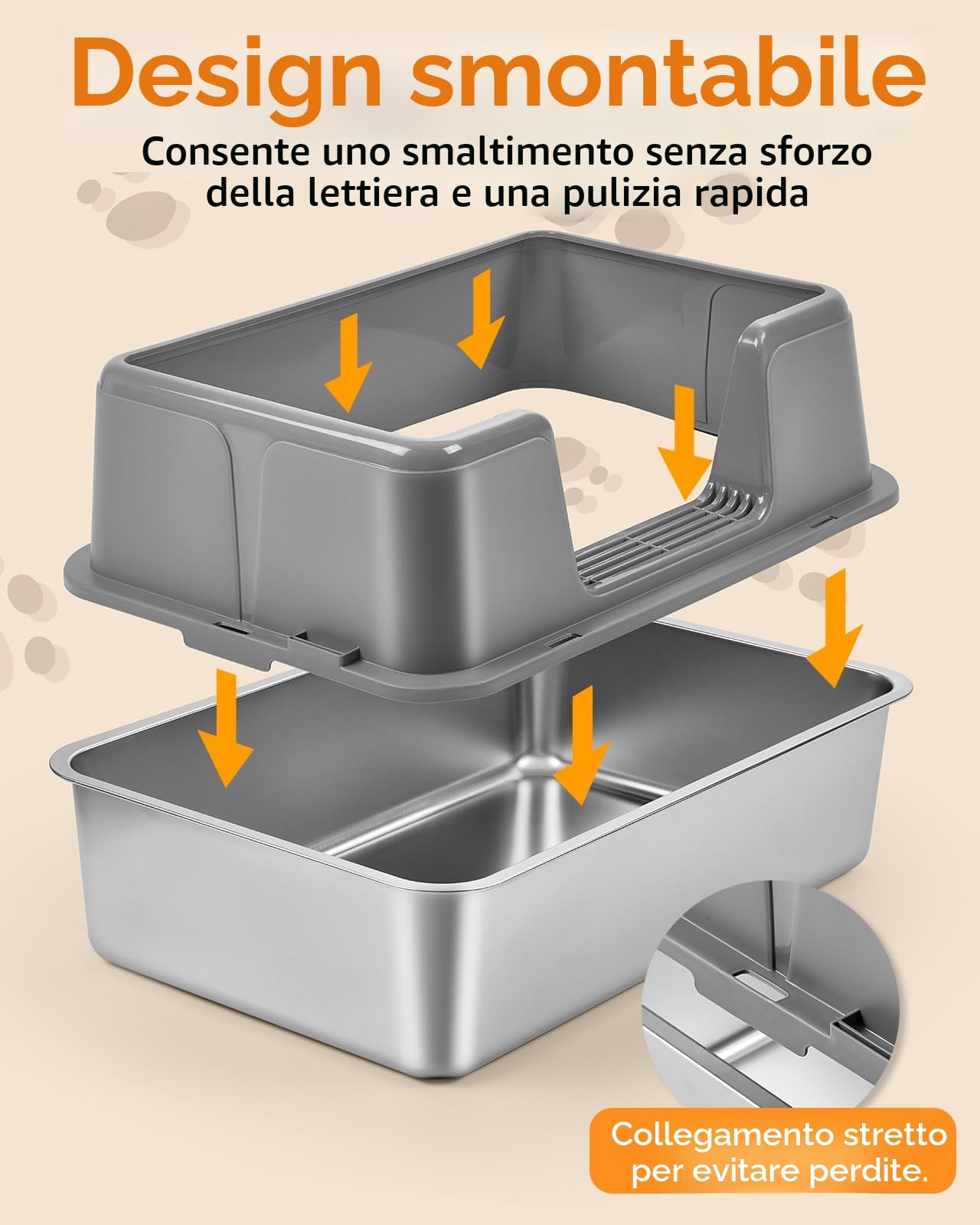 Papettly Lettiera Acciaio Inox - Lettiera in Acciaio per Gatti XXL con Lati Alti，60x40x31 cm Lettiere Gatto Acciaio Inox con Tappetino per Lettiere，Paletta，Spazzola，Facile da Pulire，Non Appiccicosa