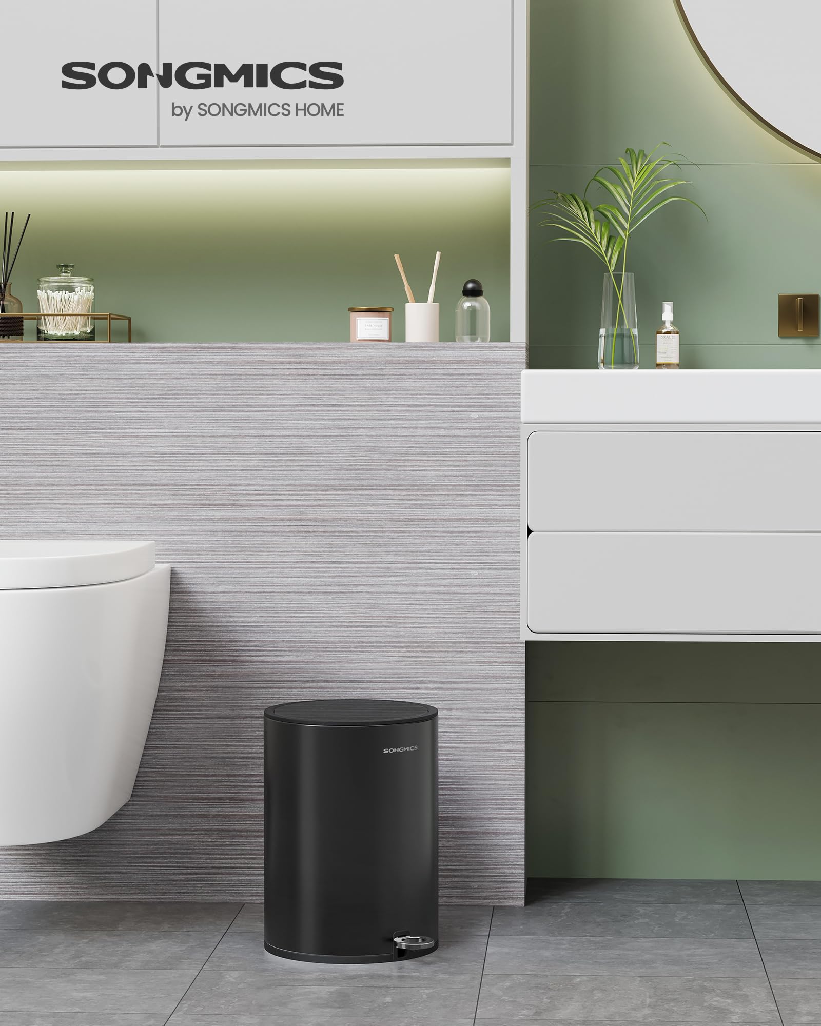 SONGMCIS Cubo de Basura para Cosméticos, 6 L, Cubo de Basura de Baño, con Tapa, Cierre Suave, con Pedal, Interior de Plástico Extraíble, para Baño, Oficina, Acero, Negro Tinta LTB012BZ01