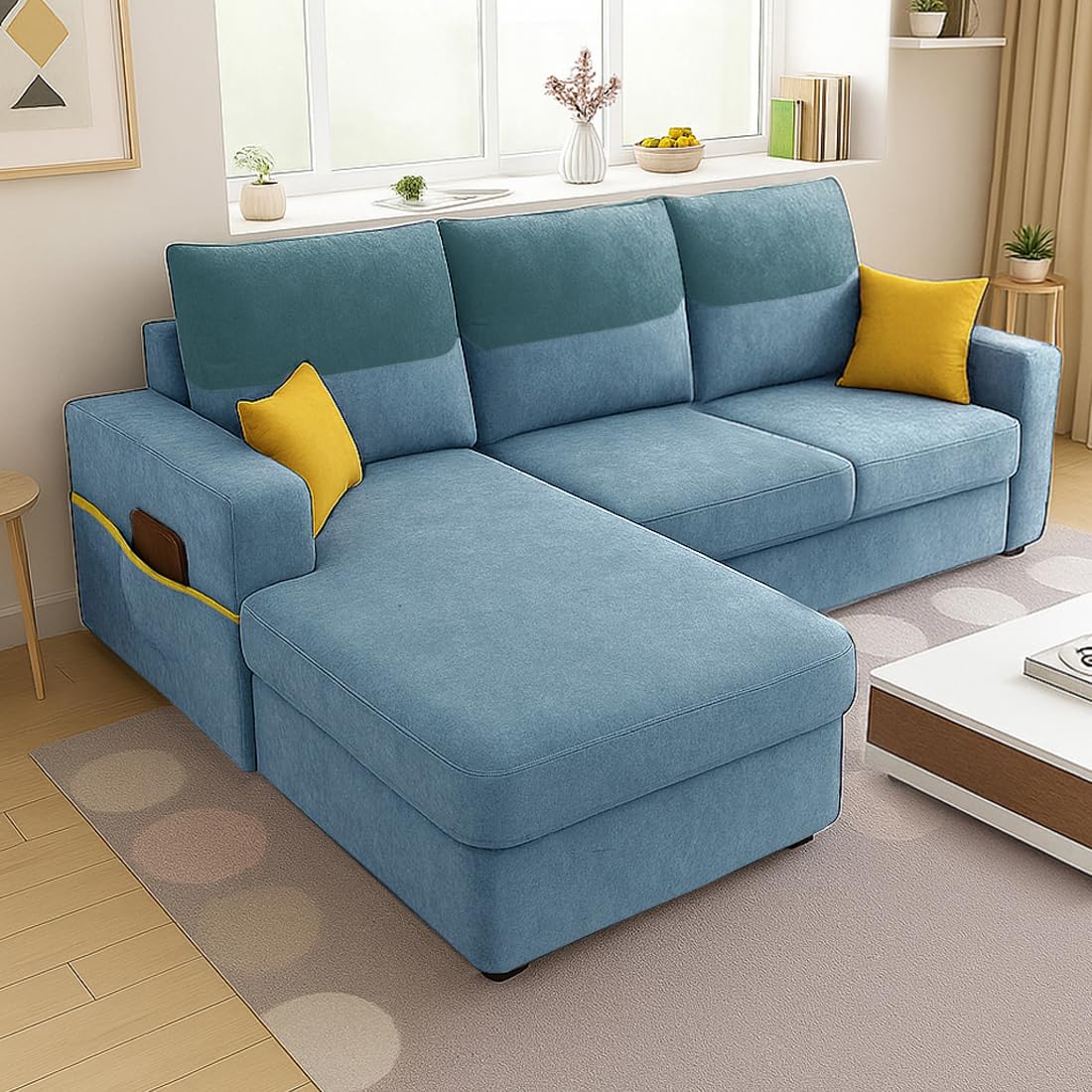 Furny Tokiaa 4 Seater Fabric LHS L Shape Sofa Set (Sky Blue) | Soft Velvet Fabric | Modern Design | Comfortable Seating | Living Room Furniture-image-9