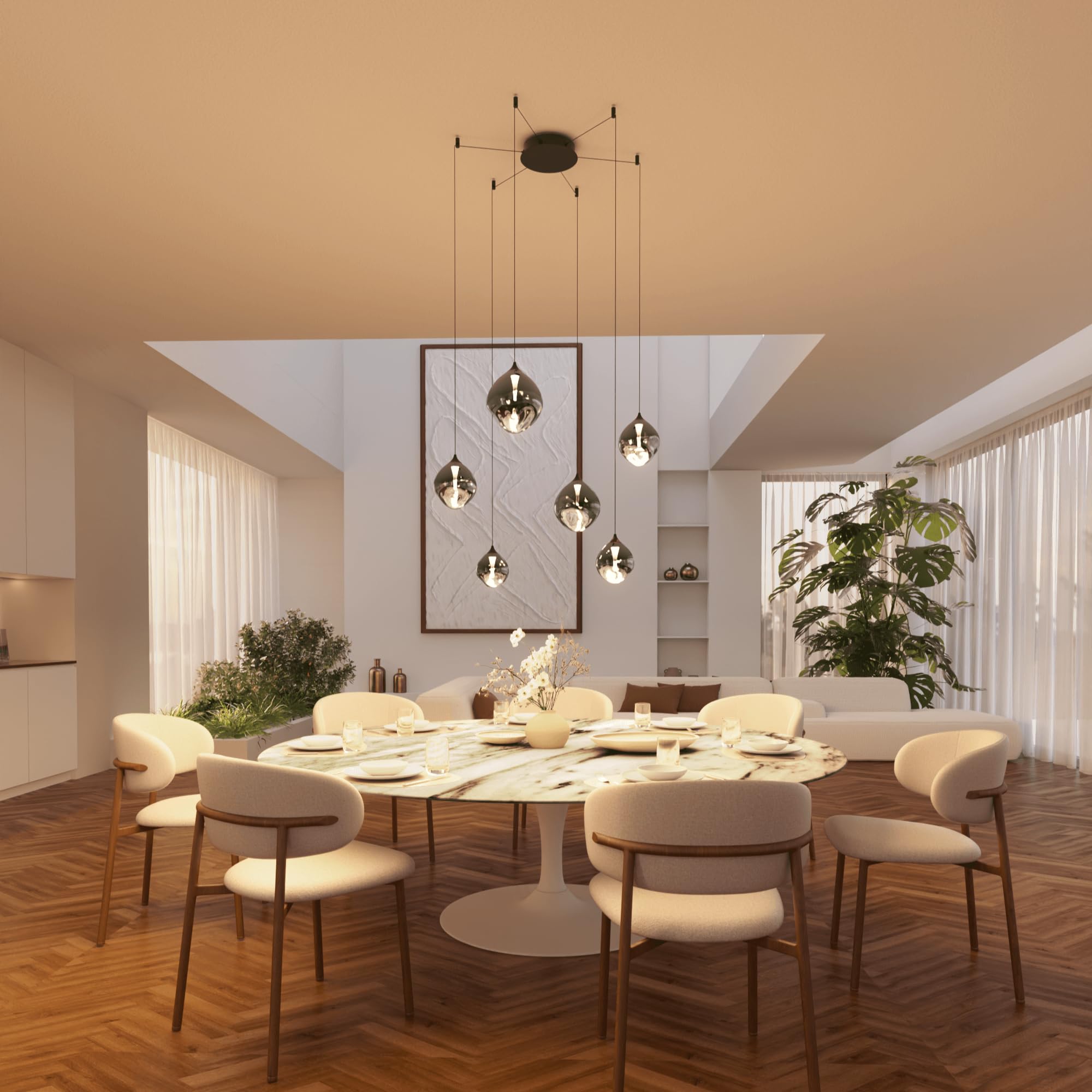 NEONA SOMOS LED Pendelleuchte 6-flammig mundgeblasenes Glas – Hängeleuchte Esstisch dimmbar, warmweiß 2700K, 23W, 2100lm, höhenverstellbar (Schwarz)