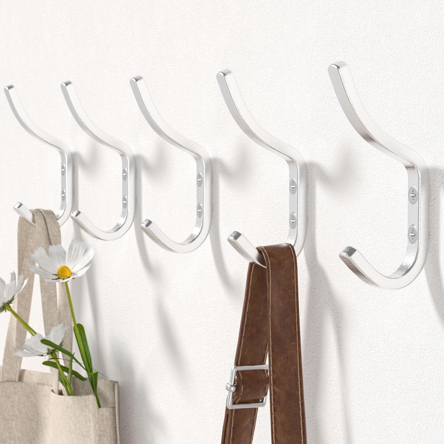 Wall Hooks for Hanging Coat - 5 Pack Silver Arc Double Hooks, Sturdy Metal Grainy Sparkle, Organize Coats, Hats, Bags in Entryway, Closet, Bedroom 5 Silver