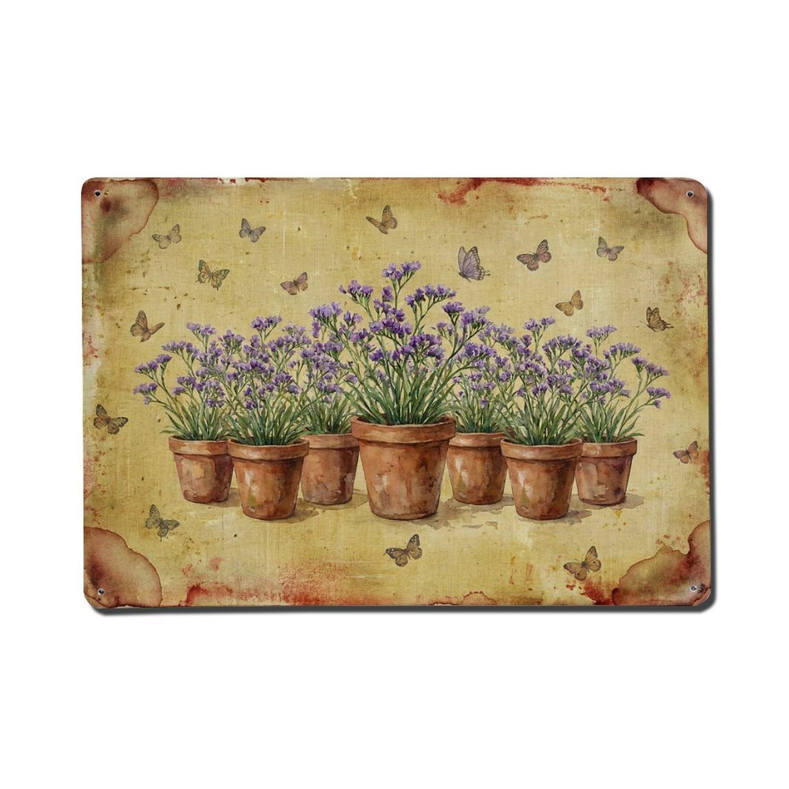 Vintage Rustic Flower Potted Plants Limonium Metal Tin Sign