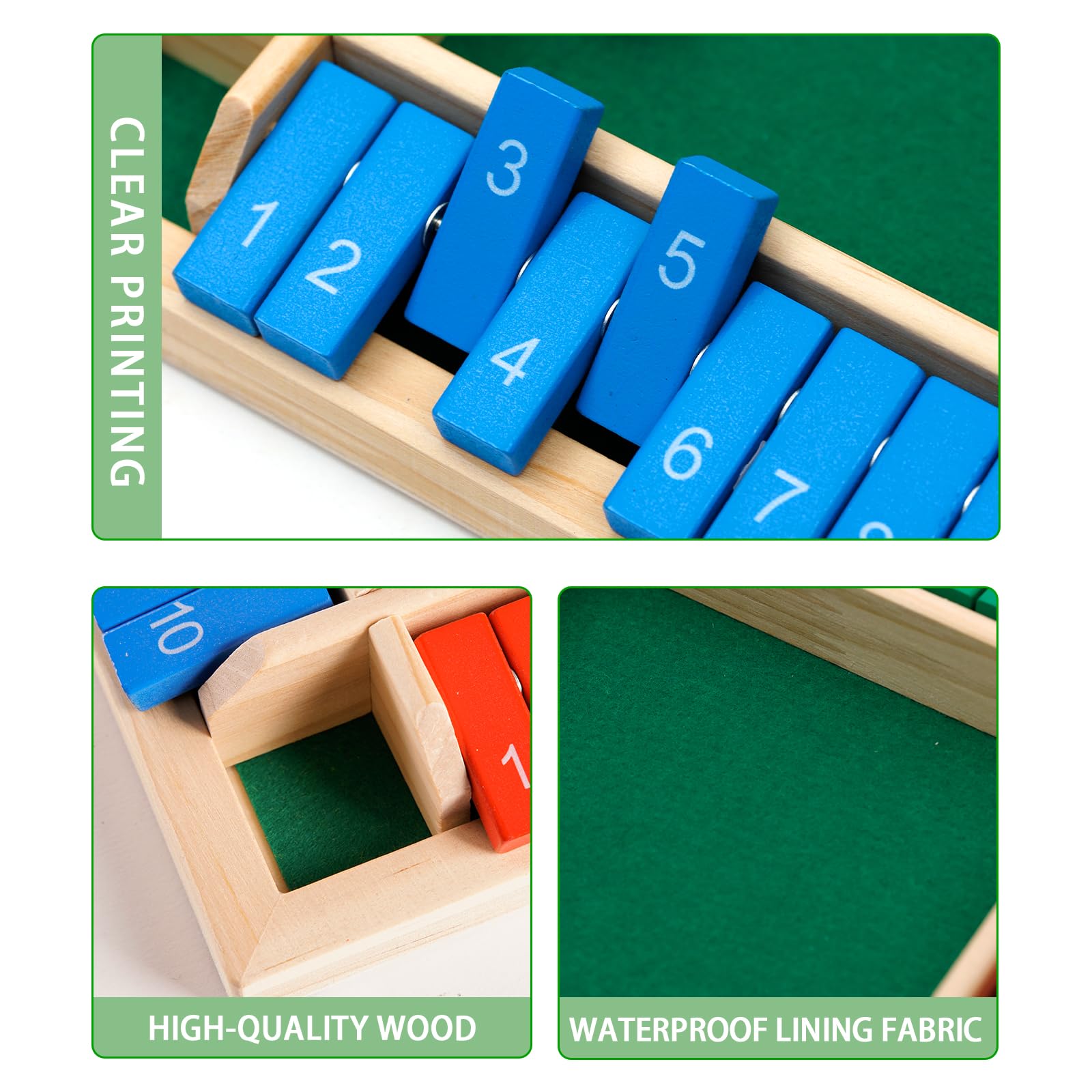 Flero Shut The Box - Gioco a dadi per 4 giocatori in legno - Gioco di tattica e calcolo (Multicolore) - Gioco da tavolo, giocattolo educativo, gioco didattico per bambini e adulti - 8 dadi