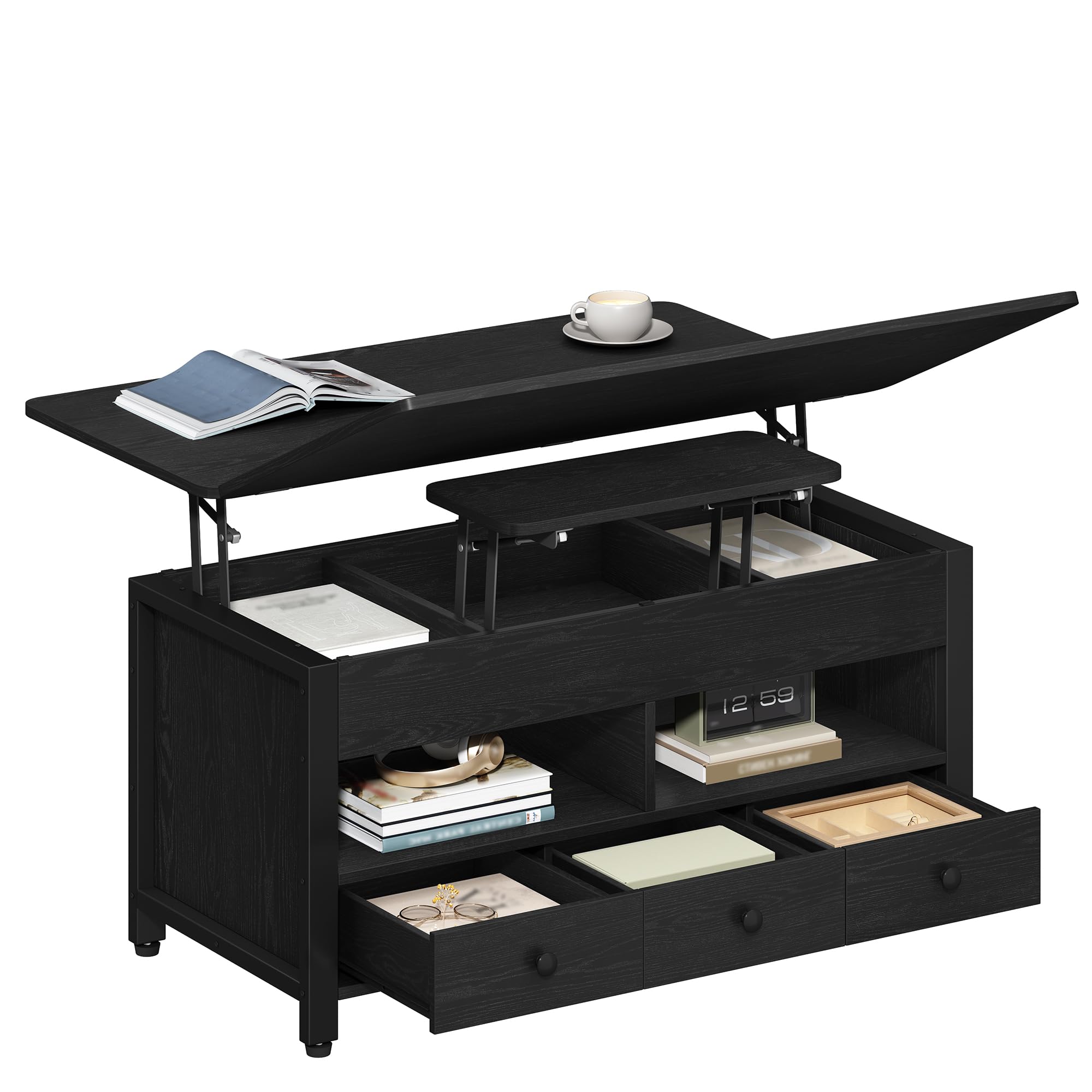Hzuaneri Tavolino da Salotto, 100 cm, Nero, 3 in 1 Multifunzionale | 50 × 100 × 47 cm, Tavolino da Caffè Sollevabile con 3 Cassetti e 2 Organizzatore Aperto, 3 in 1 Multifunzionale, CT22204B