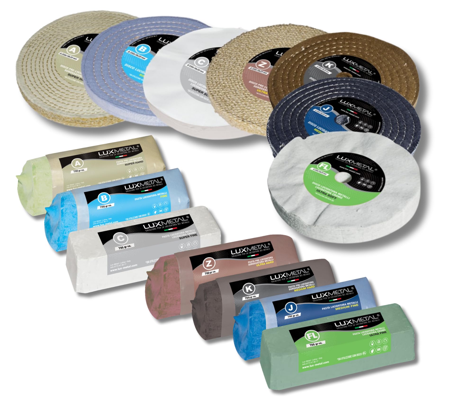 Lux Metal - Kit 7 Disco Lucidante 250 mm e 7 Pasta Abrasiva Lucidante 700 gr - Per Alluminio, Ferro, Acciaio Inox, Bronzo, Marmo - Ruota Lucidatura Metalli Mola Smerigliatrice Feltro