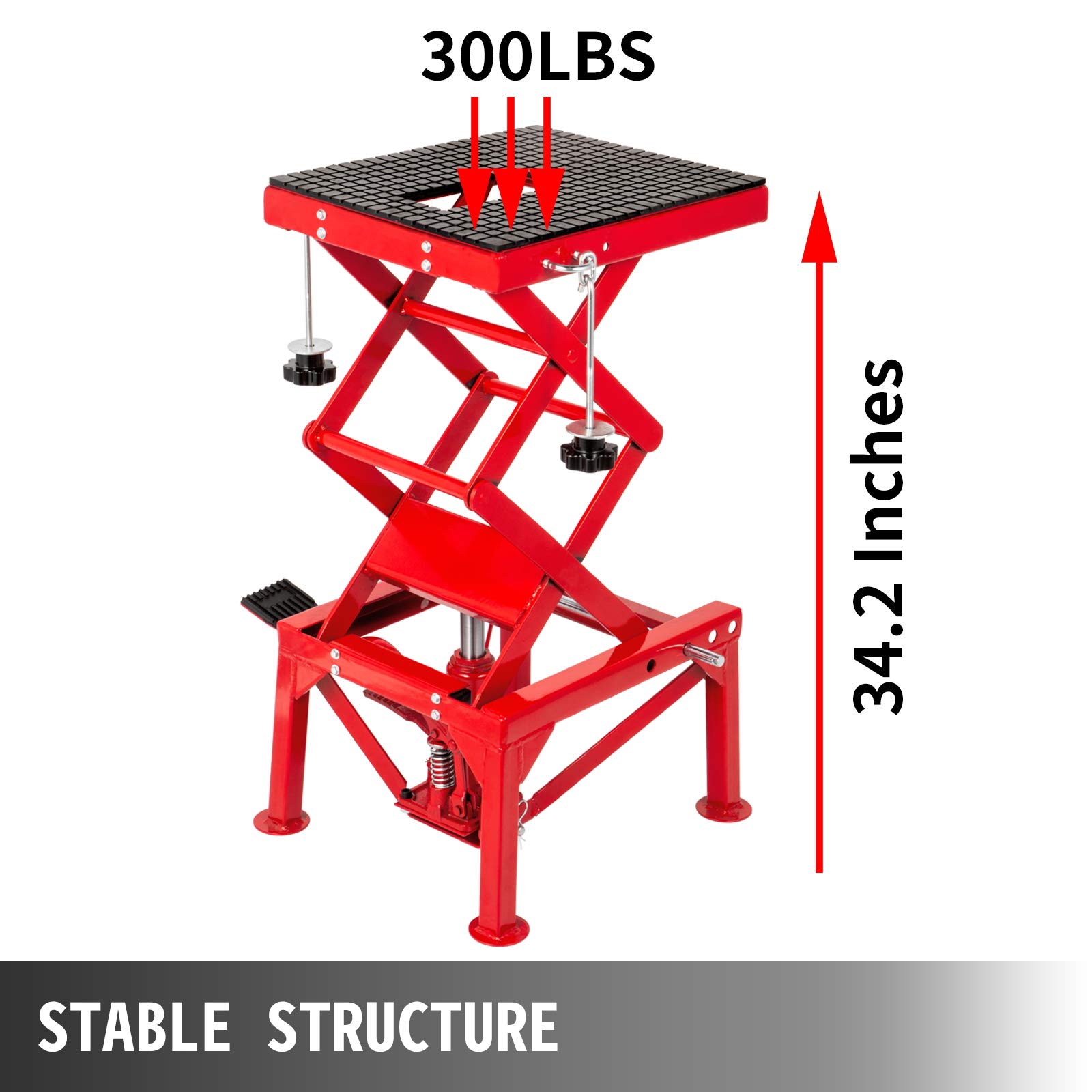 VEVOR Hydraulic Motorcycle Lift Table 300LBS, red scissor lift table with Fastening Straps