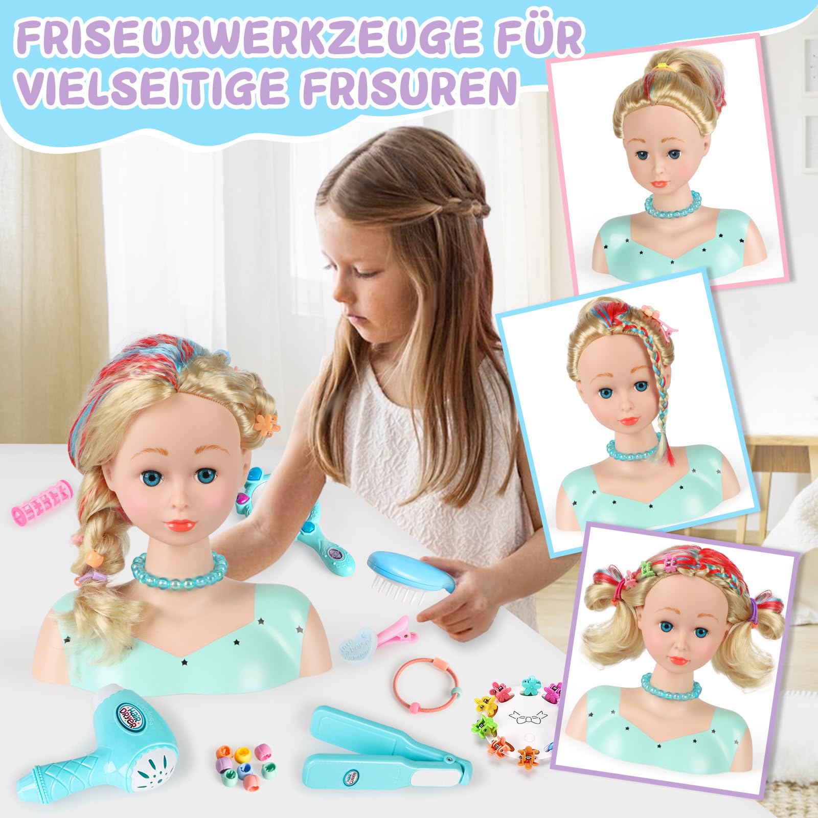 BuzzoXerex Cabeza Muñeca para Peinar y Maquillar, 58 Piezas Busto Muñeca Peinar y Maquillar, Cabeza de Peluquería para Niños, Cumpleaños para Niños a Partir de 3 Años (Multicolor)