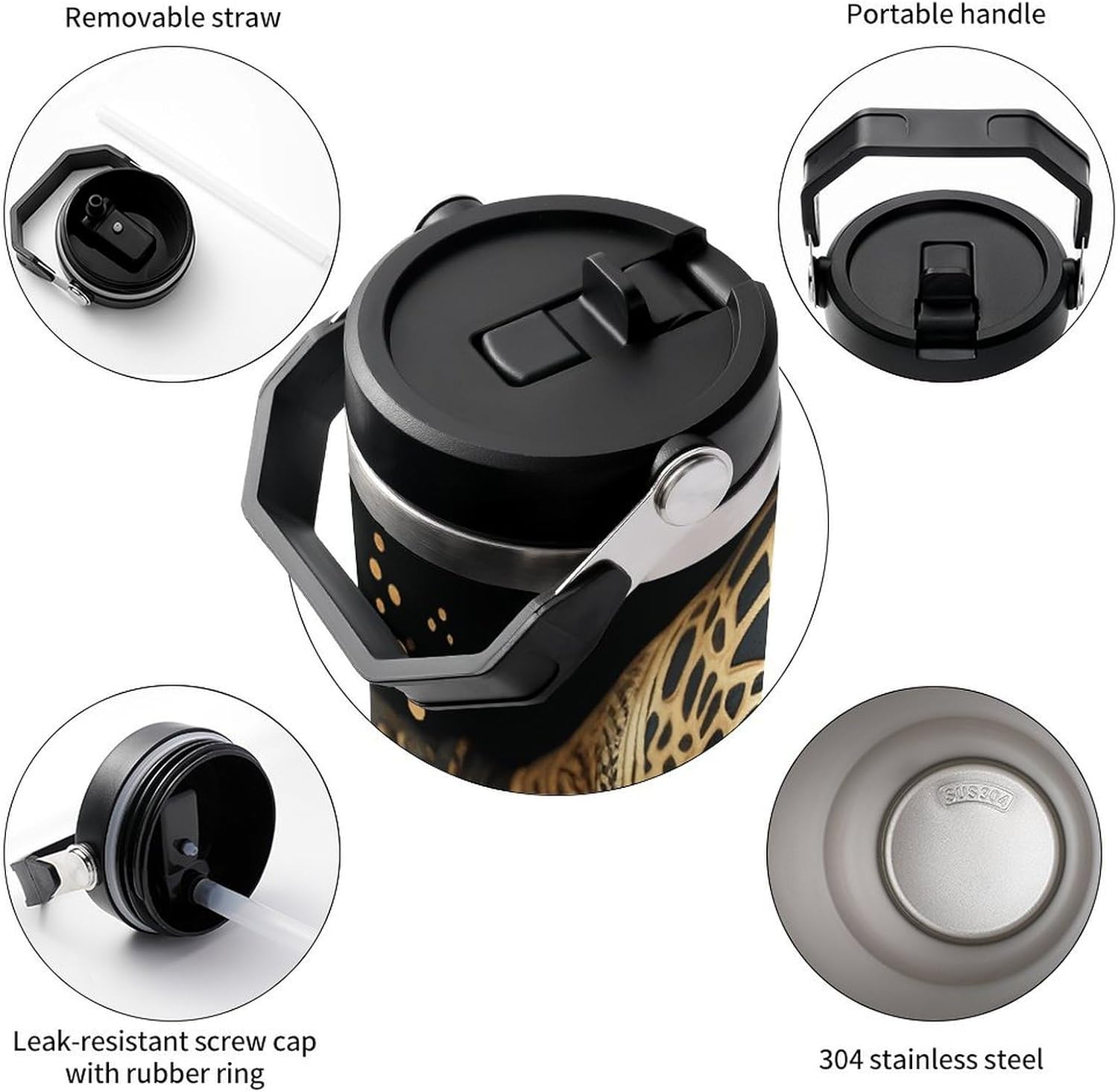 30oz Insulated Tumblers with Top Handle, Stainless Steel Black And Gold Sea Turtle Pattern Car Cup with Straw for Gift, Leak-Proof Double Wall Vacuum Travel Mug, Personalized Water Bottles Black