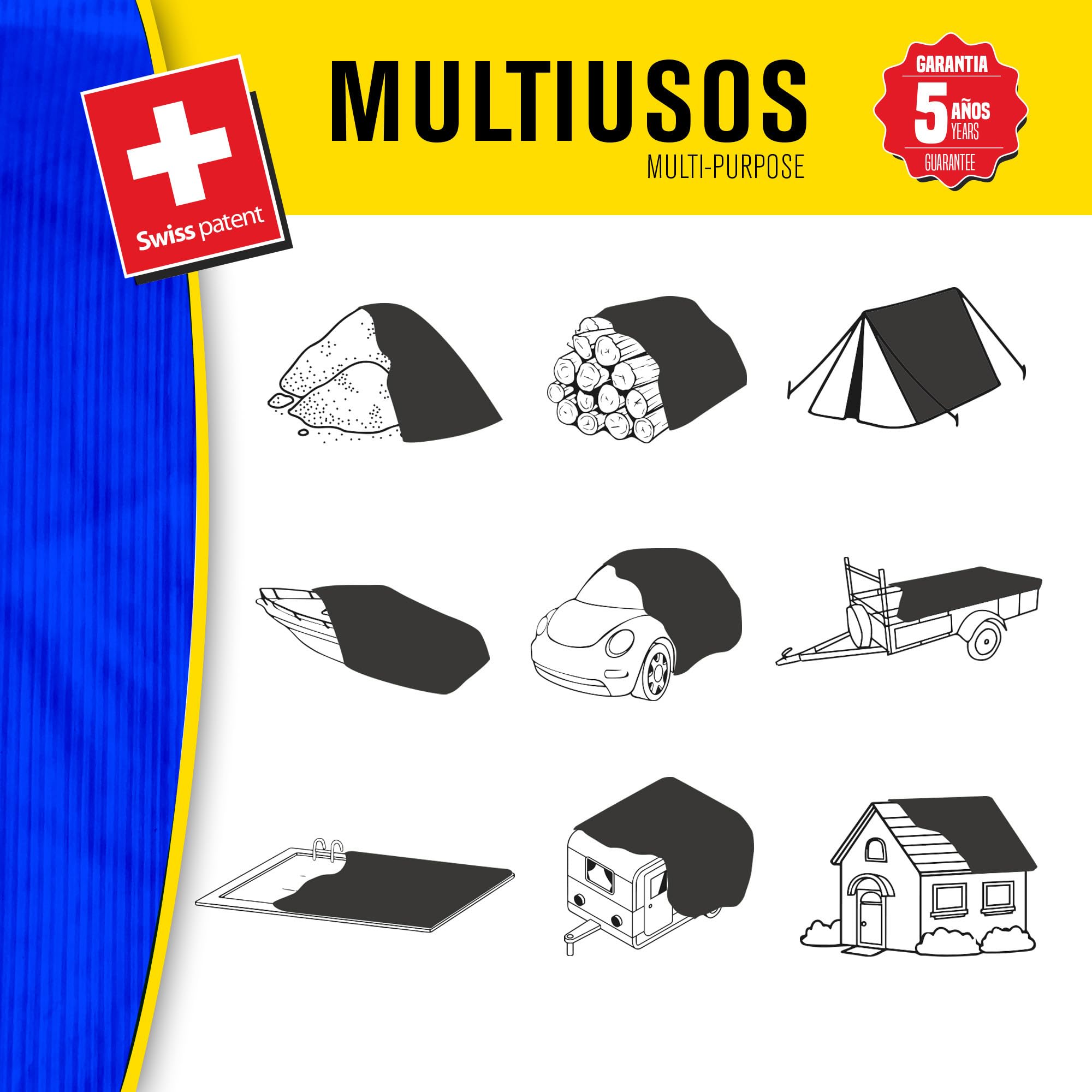 Bikain - Telo Impermeabile esterno - 3x5 metri - 70g/m2 Rinforzato - Occhielli Antistrappo - Telo 100% Impermeabile e 100% Protezione UV - Copritutto Multiuso - 3 Strati Laminato Incrociato