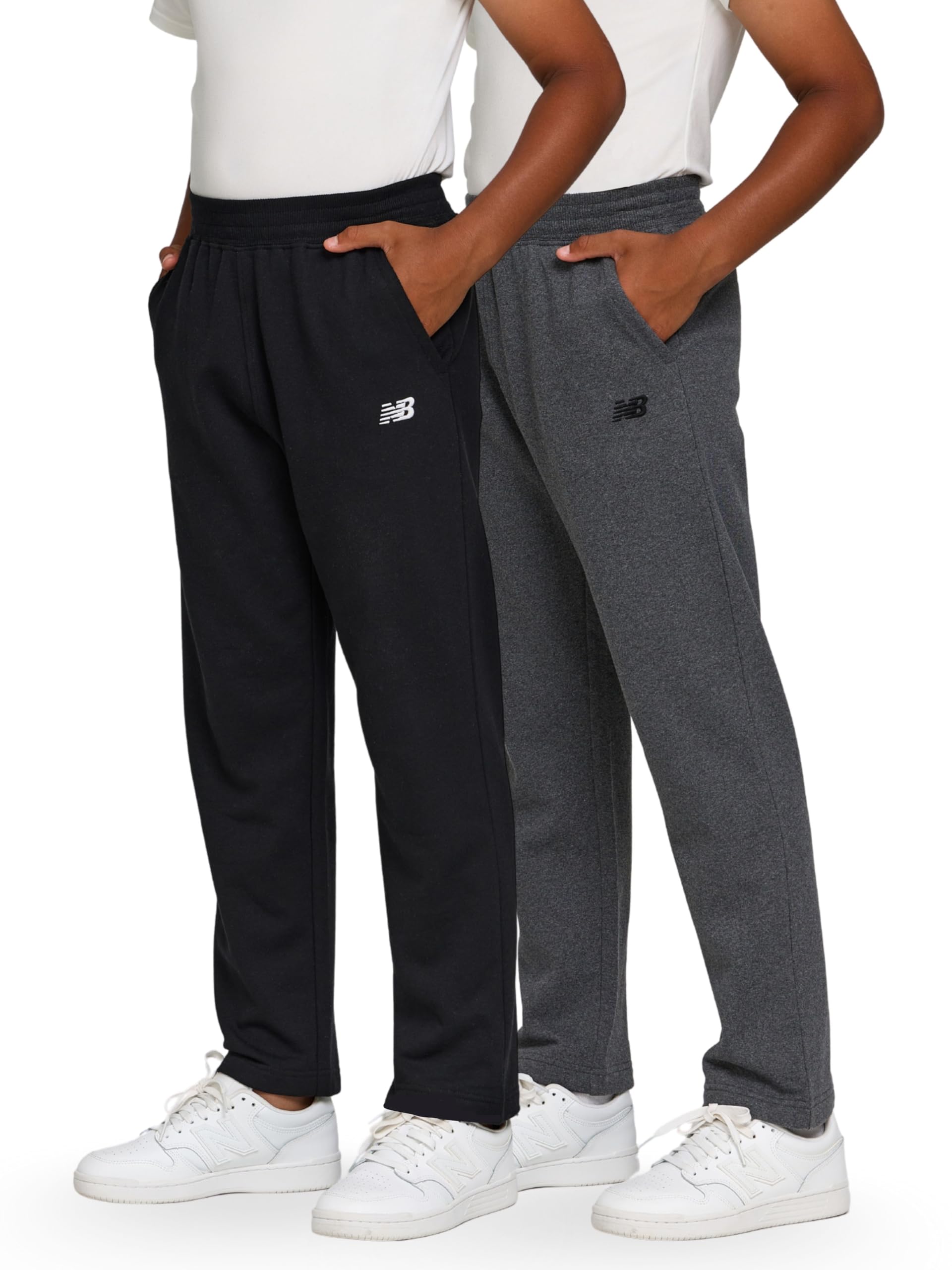 New Balance Boys Open Bottom Active Sweatpants – 2 Pack Soft Cotton Fleece Blend Pull-On Straight Leg Sweats, Sizes 4-20 Black/Charcoal