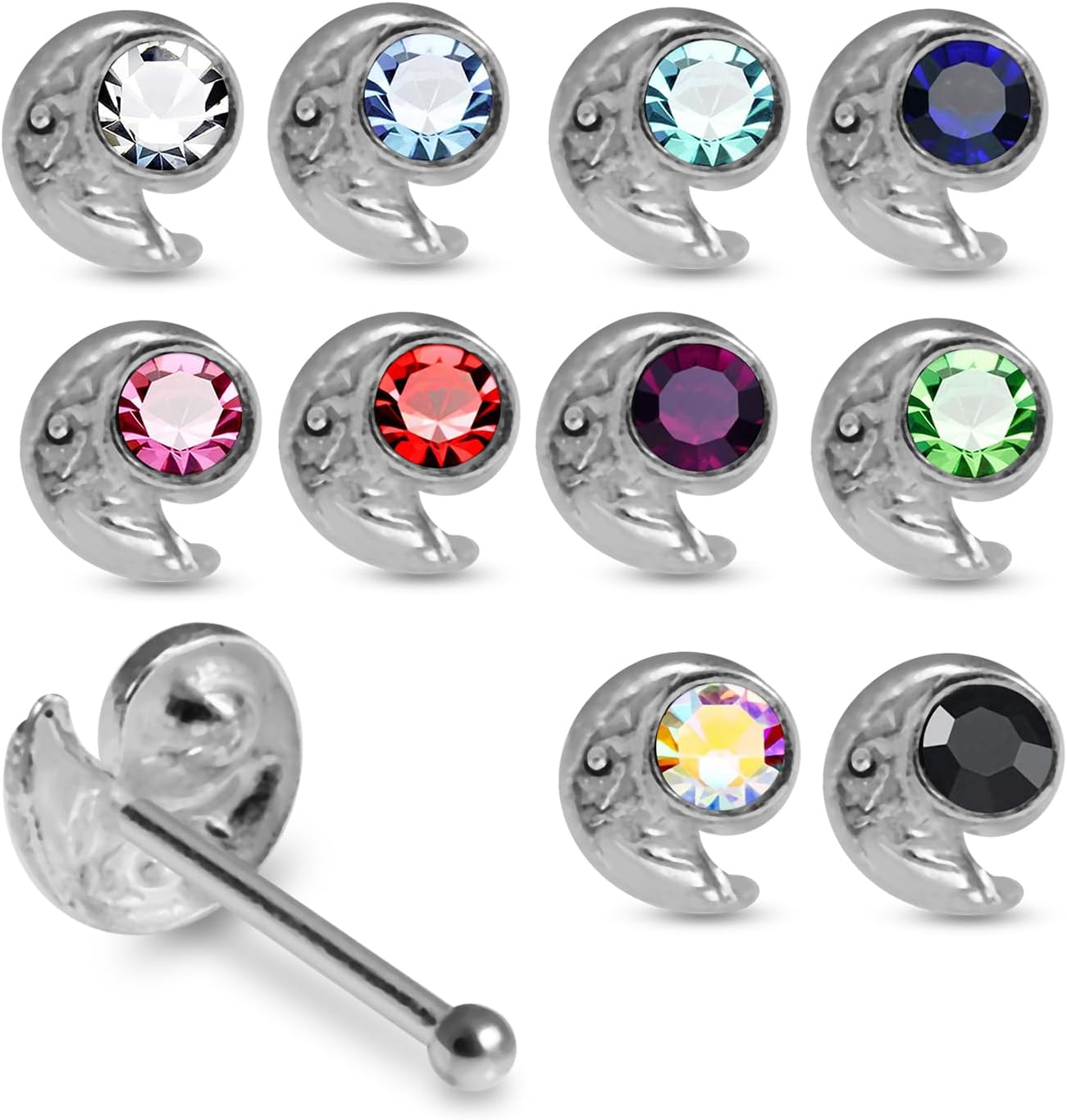 20 Pieces Box Set Crescent Moon with Crystal Stone Design 22 Gauge 925 Sterling Silver Nose Pin - Nose Stud - Tiny Nose Ring - Nose Piercing Body Jewelry