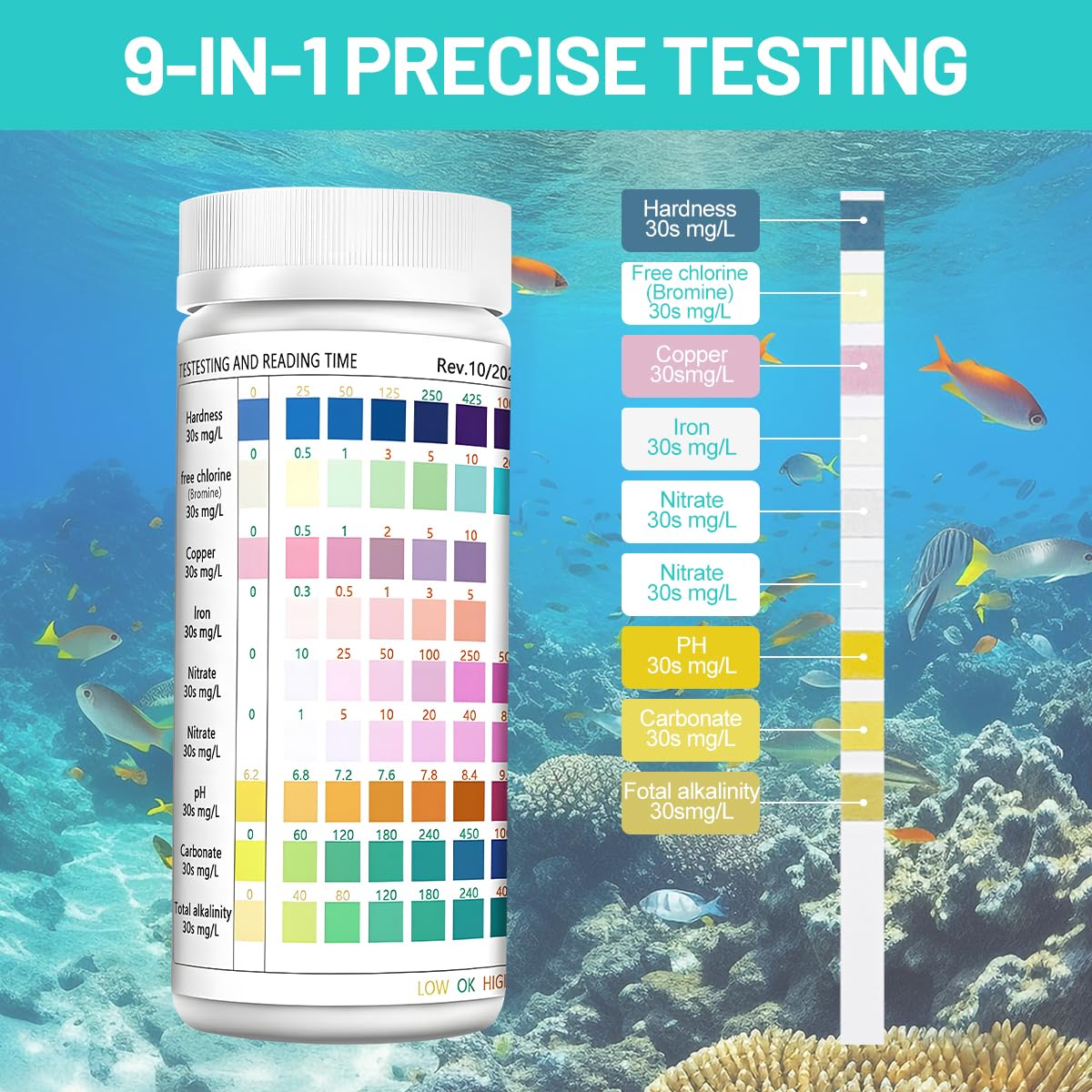 200 bandelettes de test d'eau 9 en 1 pour aquarium : pH, nitrites, nitrates, chlore, dureté totale, fer, cuivre. Test rapide pour l'eau potable, l'eau de piscine, l'eau d'aquarium, l'eau de fontaine e