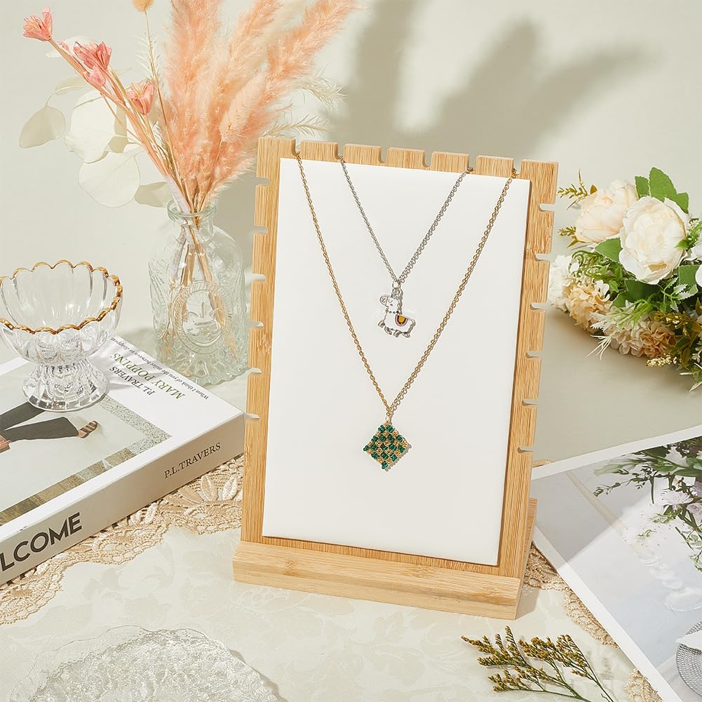 Beebeecraft Bamboo Necklace Display Stand with White PU Leather Mat 10 x 7 Inch Multi Rung Rectangle Wooden Necklace Holder Bracelets Chains Organizer for Jewelry Selling Showcase Boutique Collection