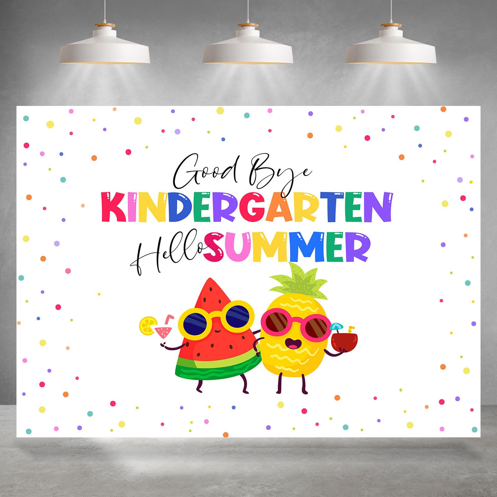 Rsuuinu Goodbye Kindergarten Hello Summer Backdrop Fruit Colorful Dots End of School Preschool Graduation Photography Background Summer Party