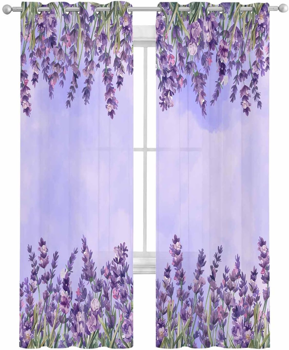 Watercolor Lavender Floral Sheer Curtains 54 Inch Length 2 Panels Set, Grommet Kitchen Curtains Sheer Window Curtain for Living Room Bedroom Light & Airy Privacy Drapes Hand Paint Abstract Purple Sky