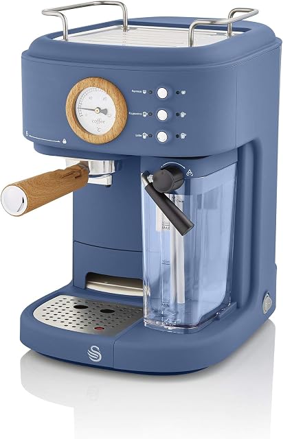 Swan Nordic One Touch Espresso Machine, Blue, 15 Bars of Pressure, Milk Frothing Steamer, 1.7L Tank, Scandi-style, SK22150BLUN