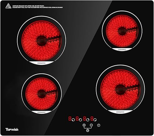 Estufa eléctrica de 24 pulgadas, 4 quemadores, placa de cerámica con goteo, estufa eléctrica radiante de 6000 W con control táctil, bloqueo de