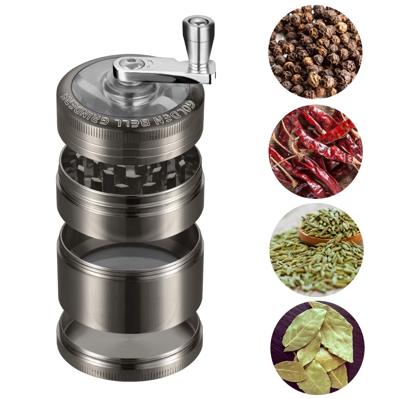 LIHAO Grinder Moulin a Herbes Epices en Zinc Alliage, 5.3cm 4 Pieces avec Manivelle-Nickel Noir