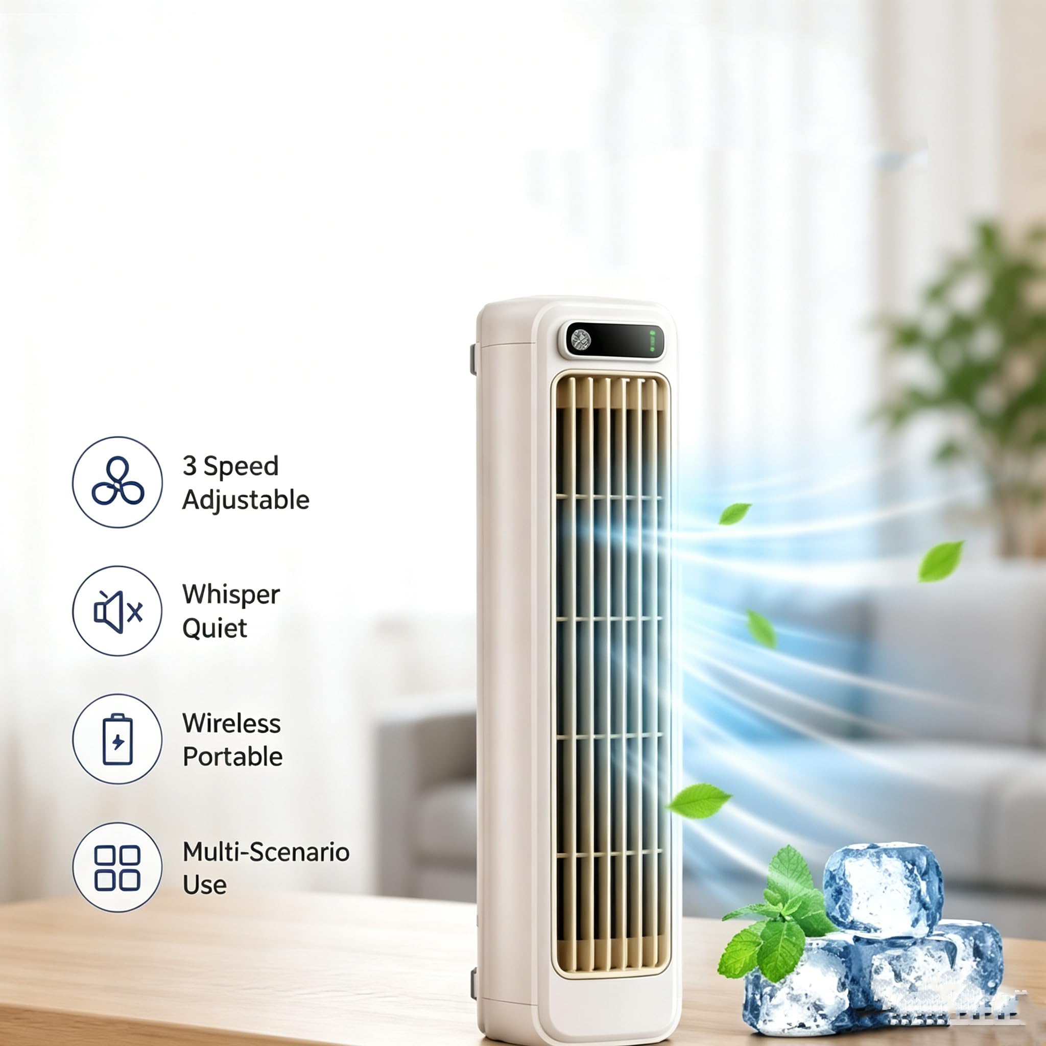 Cooling Ace Klimaanlage, Luftkühlung Ventilator Leise mit Einstellbaren 3 Geschwindigkeiten, Tragbarer kabelloser Ventilator Flügellos Leise für Schlafzimmer Büro Zuhause (Grau)
