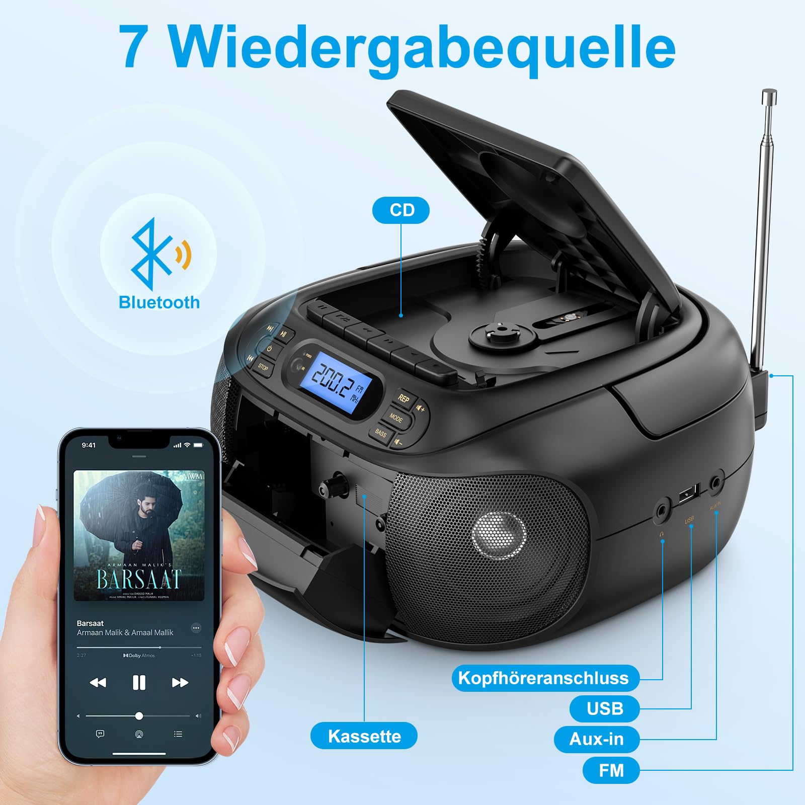 CD-Player mit Kassette, CD Boombox mit Bluetooth, UKW-Radio, Eingebauten Stereo-Lautsprechern, Wiederaufladbarem CD/Tape-Player, AUX-Eingang, USB-Wiedergabe, Kopfhörerausgang