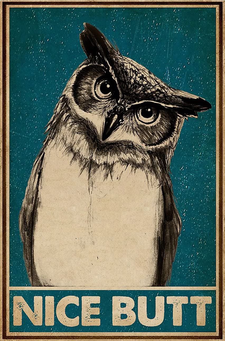 Retro Metal Tin Sign 8 X 12 Inches The Owl with Blue Background - Nice Butt Print Poster Home Decor Funny Wall Decor Nostalgic Arts Decor Novelty Decorative Crafts Best Gift for Housewarming
