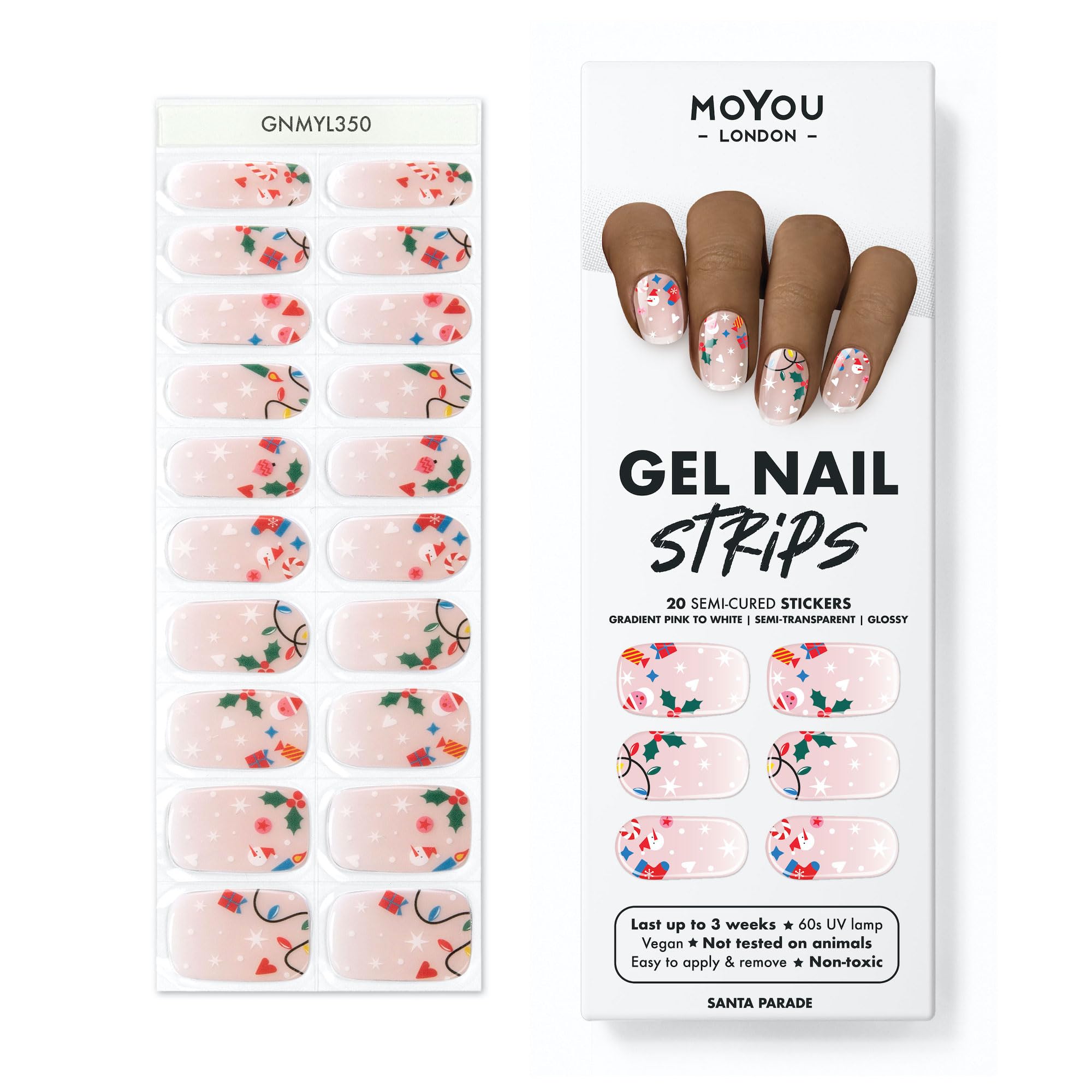 MOYOU LONDON Semi Cured Gel Nail Strips - 20 Pcs. Christmas Nail Wraps for Salon-Quality Manicure - Works with Any UV Nail Lamp - Easy to Apply, Trim, & Remove Gel Nail Stickers