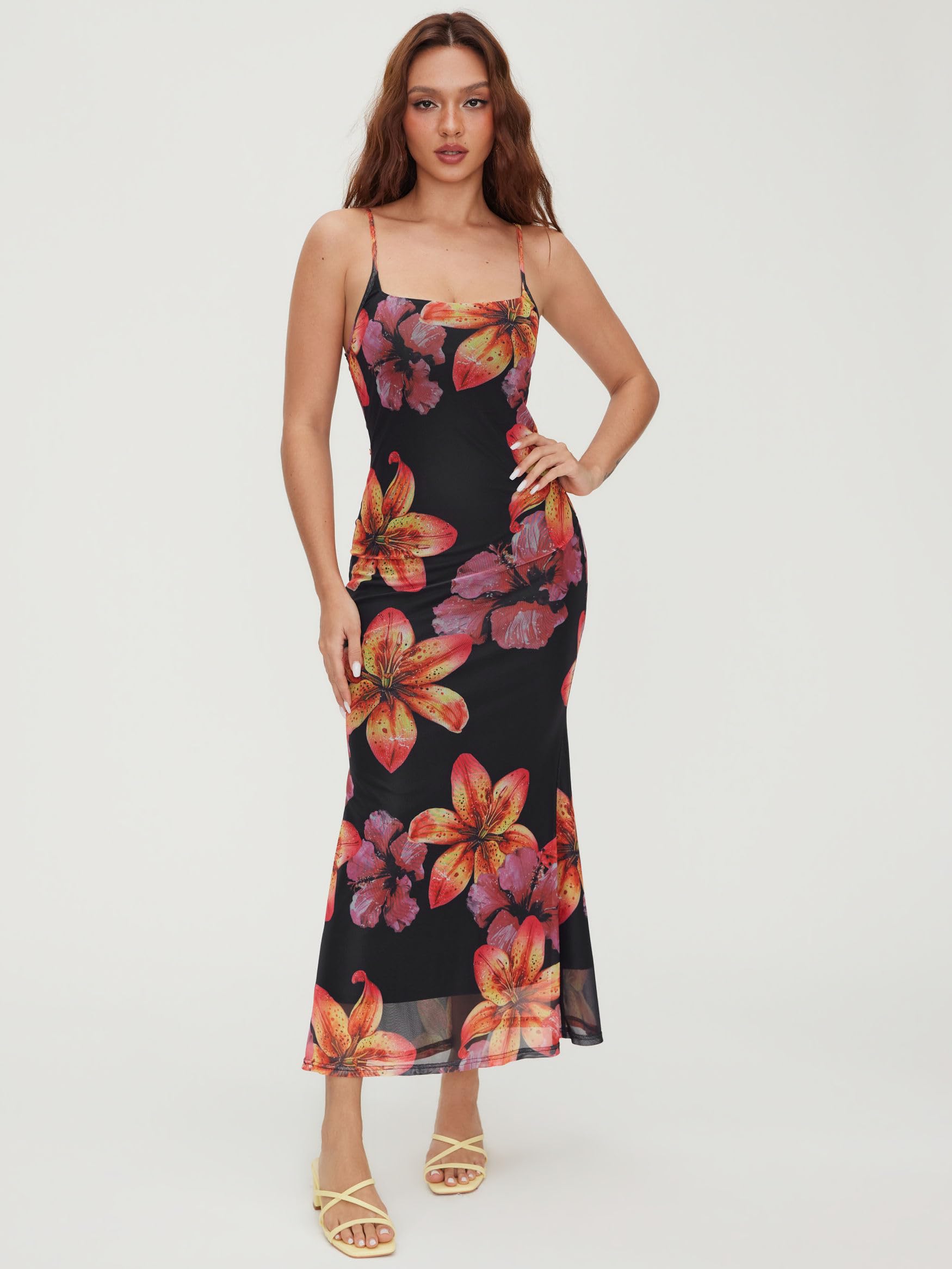 CIDER Maxikleid für Damen, Sommer, Blumenmuster, Spaghettiträger, Stretch, figurbetont, Netzstoff, Strand, Urlaub, Date, Nacht, langes Kleid