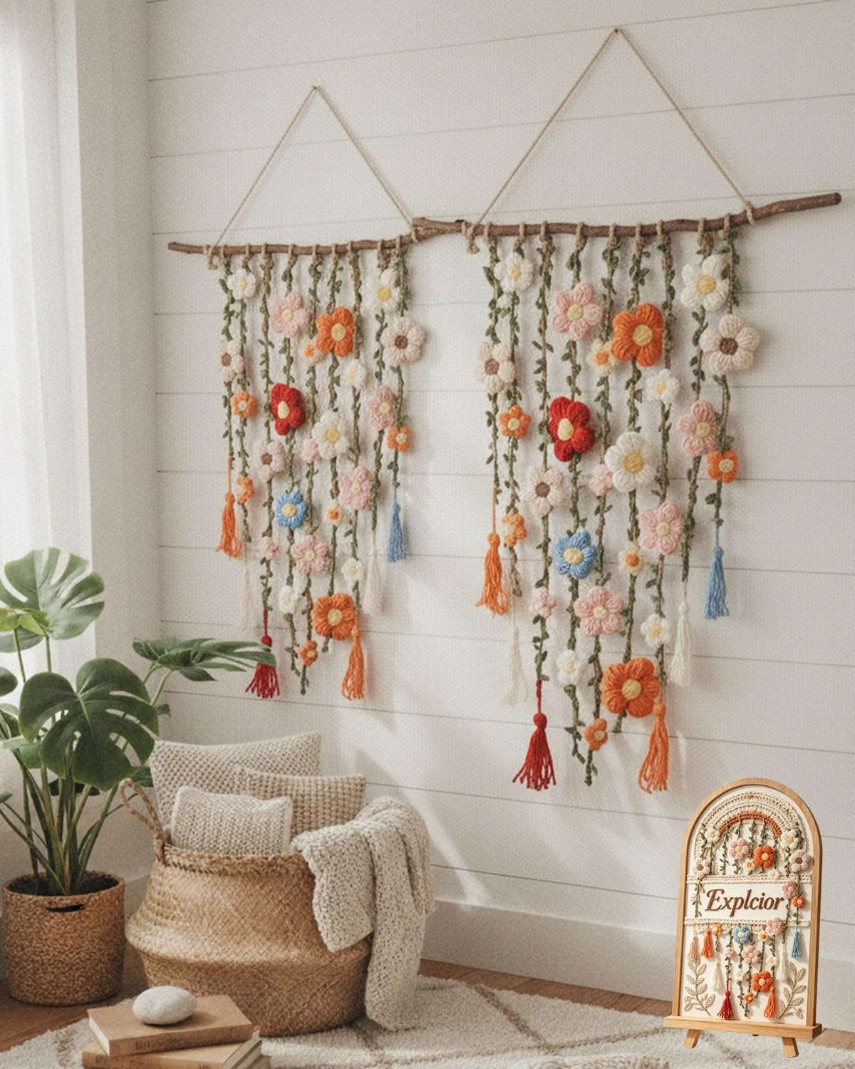 Crochet Flower Garden Wall Hanging Boho Macrame Tapestry Knitted Floral(2pcs)