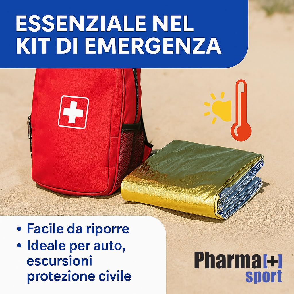 PHARMA+SPORT Coperta Termica Emergenza 160x220 cm Telo Isotermico Oro/Argento per Sopravvivenza, Primo Soccorso e Outdoor –Trattiene Calore e Protegge da Sole e Freddo (160x220 Cm, 4, Unità)