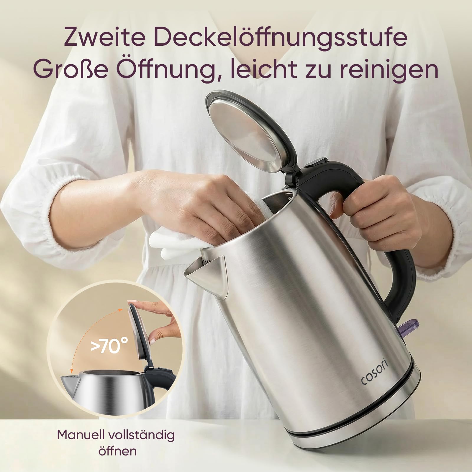 COSORI Wasserkocher Edelstahl 1,7 L 2200W Strix-Technologie 360° drehbarer Sockel