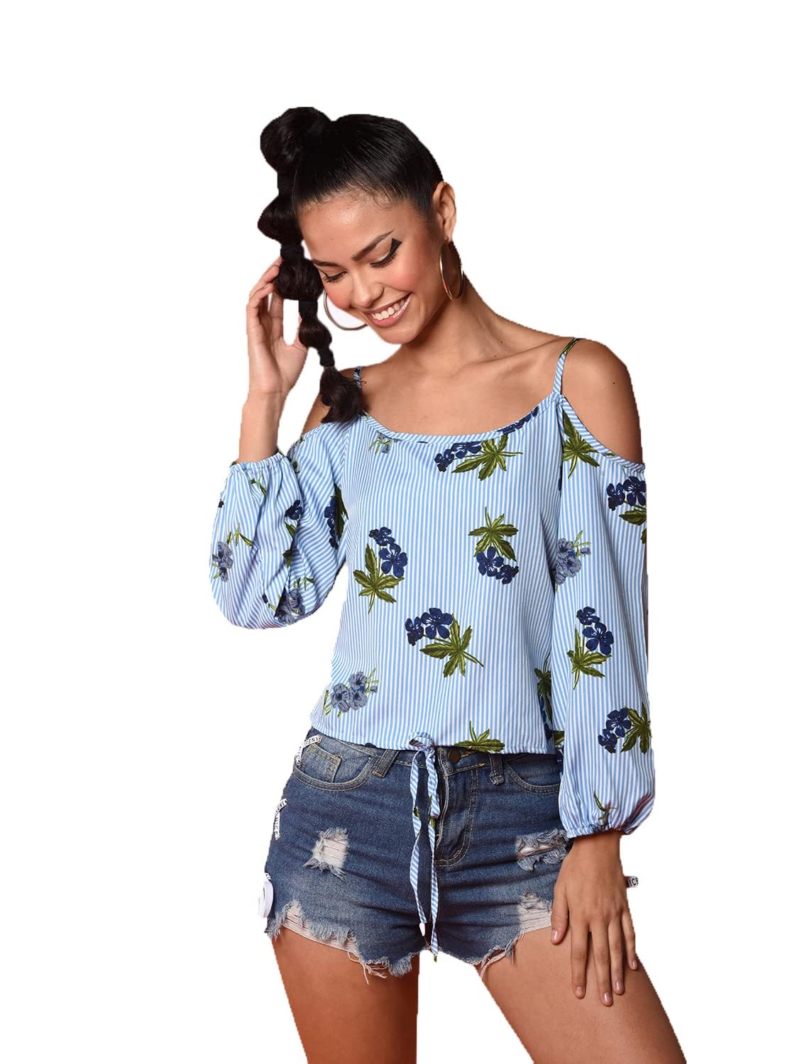 Women Fron Knot Printed Cold Shoulder top-picture-38