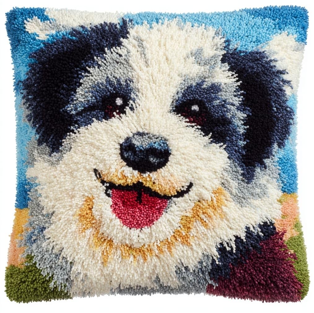 Henypt Premium Latch Hook Kit,Smiling Dog 43x43cm DIY Sofa Pillow Cover,Printed Pattern Crochet Kit with Tools & Yarn for All Ages
