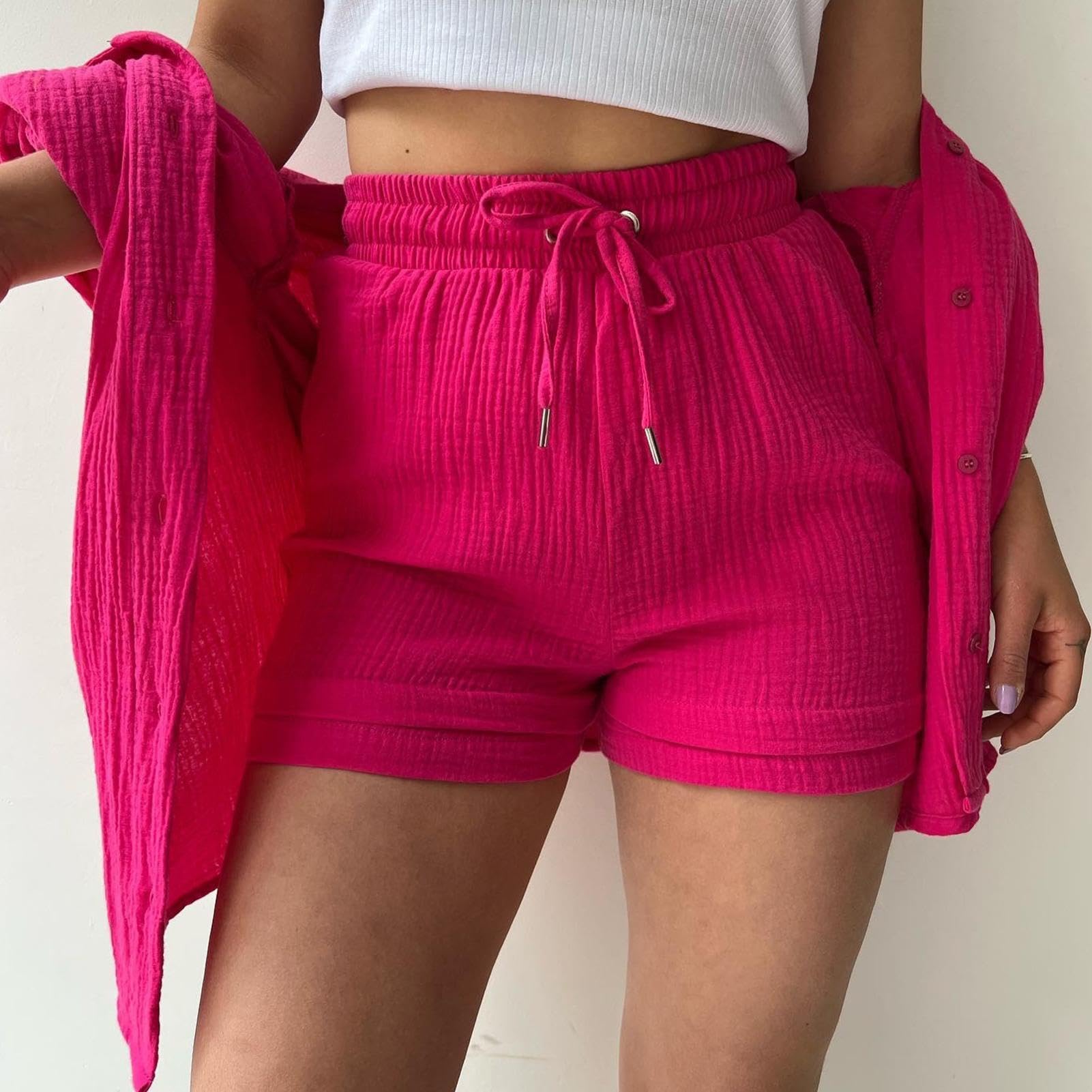 Completo estivo da donna in 2 pezzi, set da donna in mussola, camicia top con bottoni + pantaloncini, abbigliamento estetico, abbigliamento da casa, abbigliamento streetwear, abbigliamento da