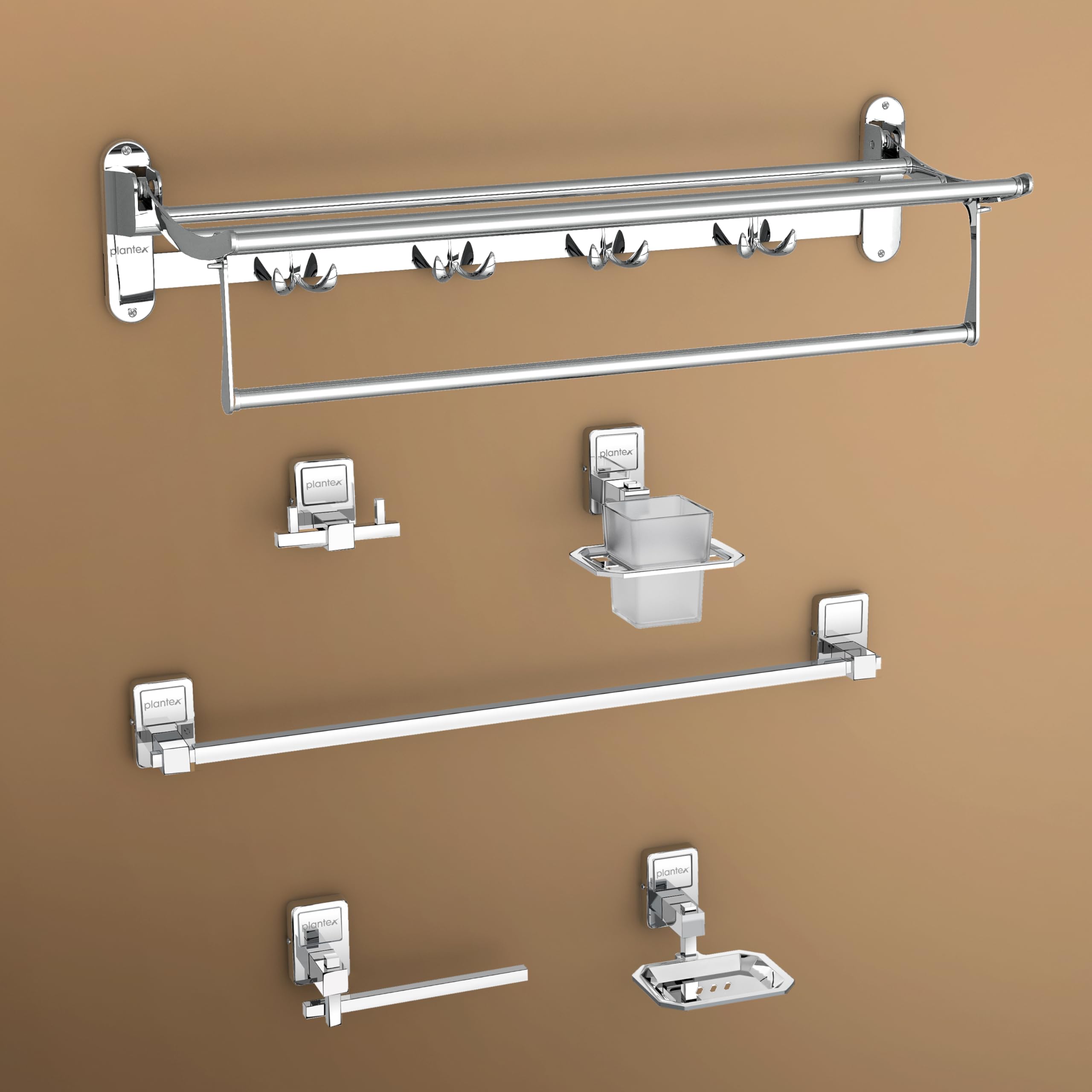 Plantex Stainless Steel Folding Towel Rack with Stainless Steel 304 Grade Darcy Bathroom Accessories Set 5pcs (Towel Rod/Napkin Ring/Tumbler Holder/Soap Dish/Robe Hook)