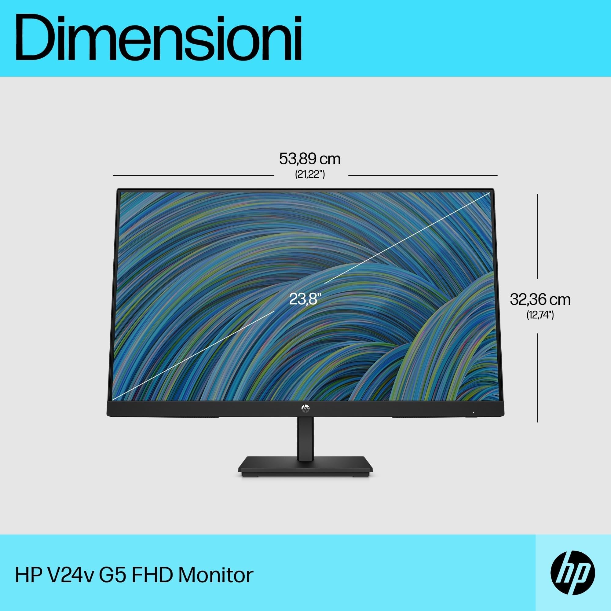 HP V24v G5 Monitor da 24", FHD, 16:9, Antiriflesso, Pannello VA da 75Hz, Tempo di Risposta 5 ms, Reclinabile, VESA 10x10 cm, AMD FreeSync, 200 Nits, Modalità Low Blue Light, VGA, HDMI 1.4, Nero