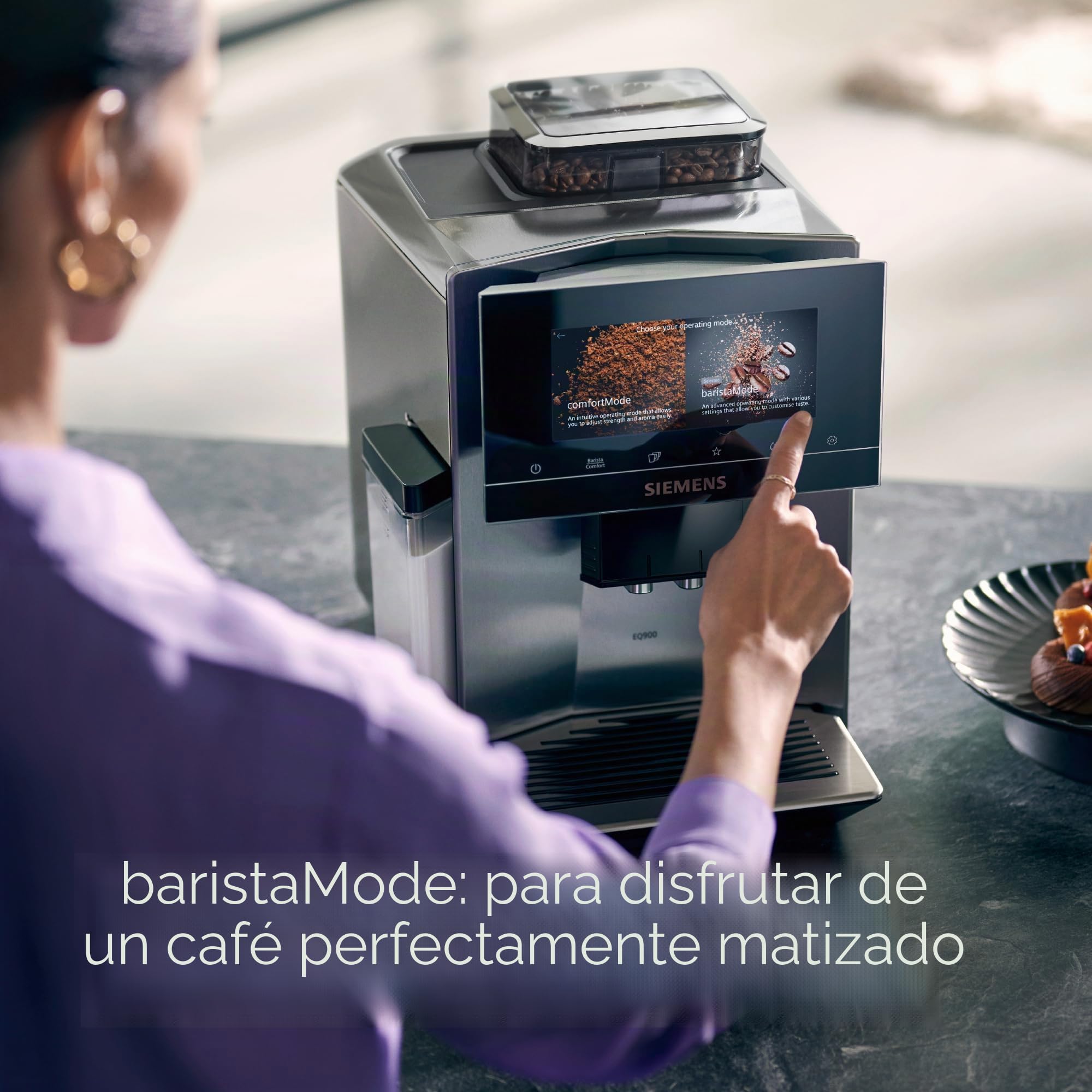 Siemens Cafetera automática EQ900 Plus TQ903DZ3, 36 especialidades de café internacionales, grado de molienda individual, control de aplicación, gran pantalla táctil completa, acero inoxidable