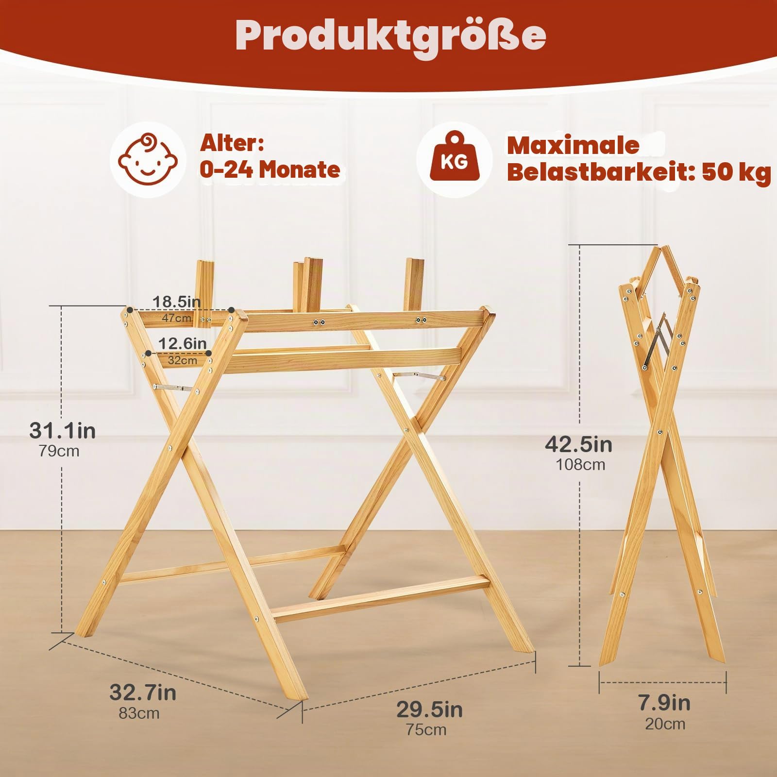 FUNLIO Baby-Badewannenständer, Massiver Holzsockel für Baby-Badewanne, Stehende Babybadewanne, Faltenbar & Einfach zu lagern