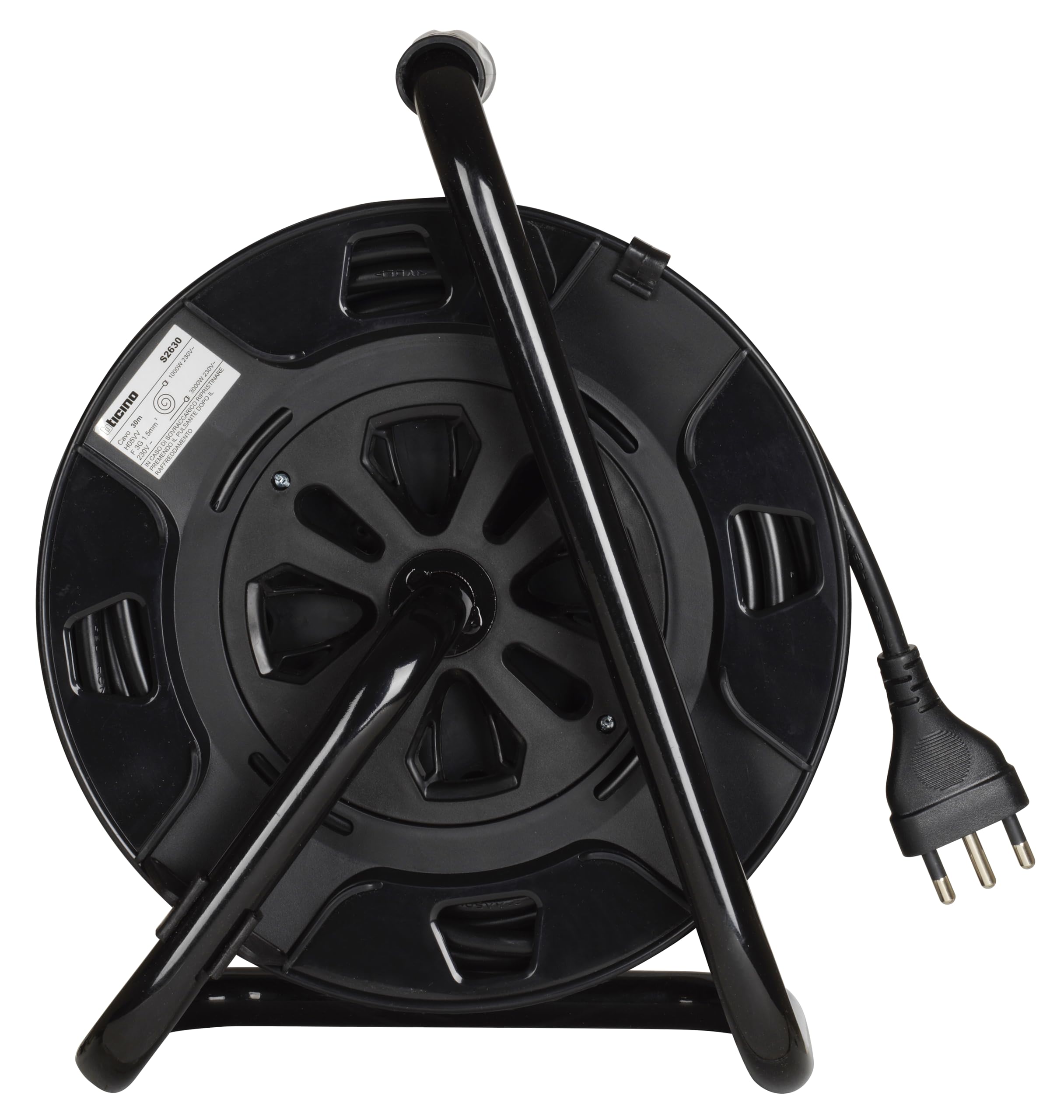 BTICINO Carrete de cable S2630 alargador eléctrico de 30 metros, 4 enchufes Schuko, bipolo, enchufe grande 16 A, interruptor térmico, mango ergonómico, soporte para cables y carrete de cable, color