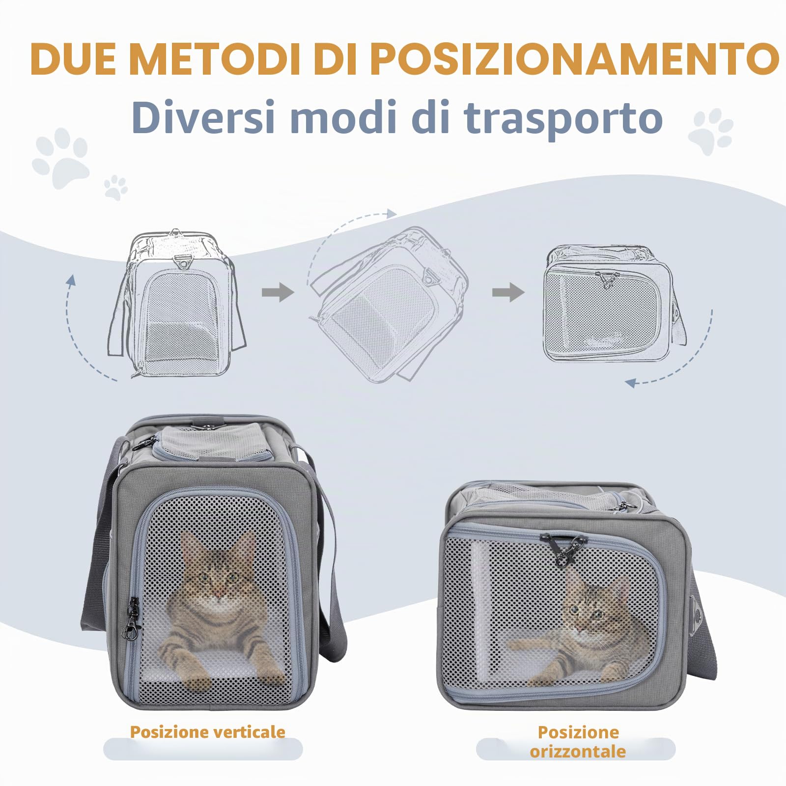 Petsfit Trasportino per Gatti e Cani Traspirante Leggero Trasportino per Cani con 2 Cuscini Lavabile Borsa da Viaggio per Aereo Auto - S/Grigio