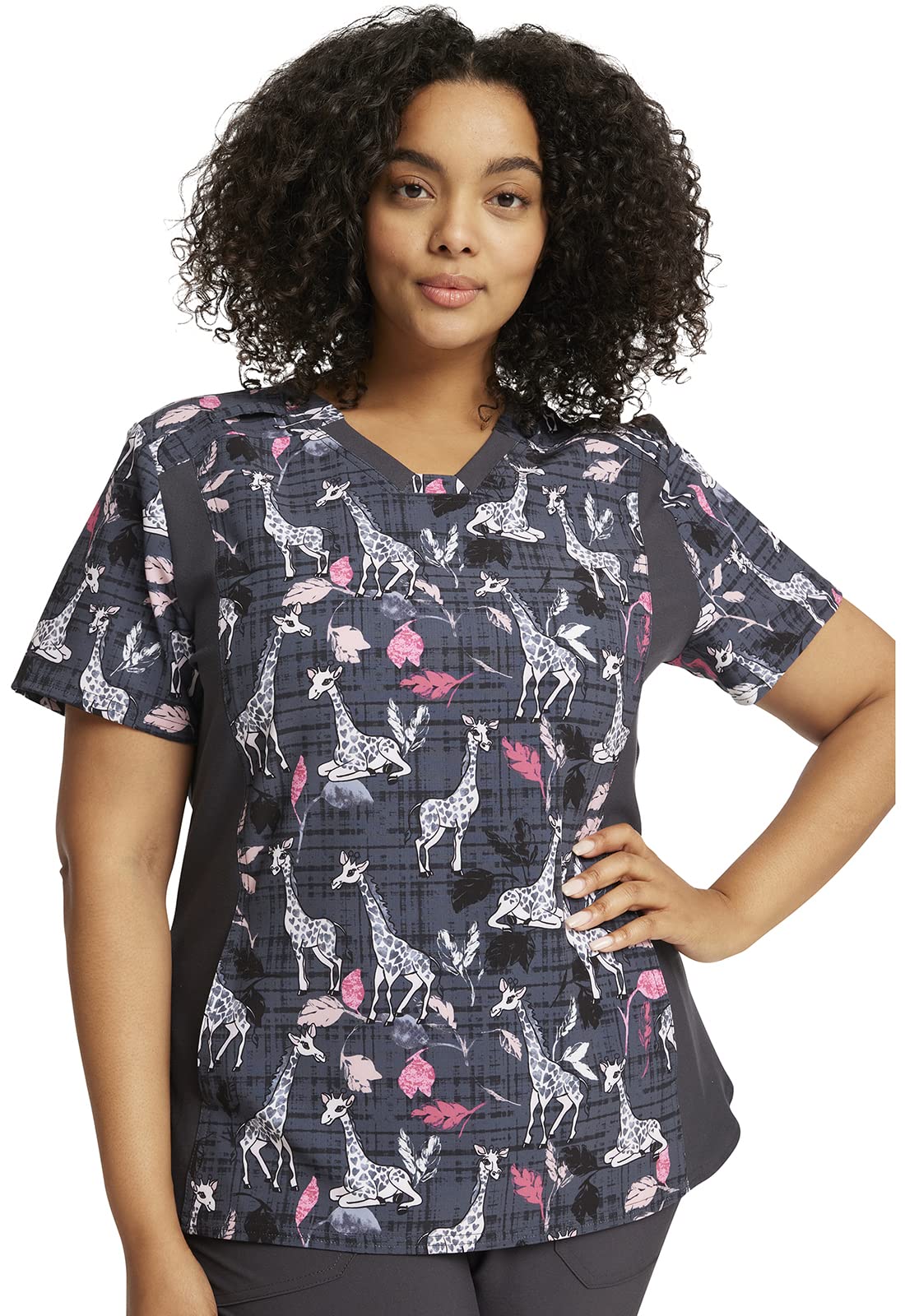 Cherokee iFlex Women Scrubs Top V-Neck Knit Panel Plus Size CK641, 5XL, Giraffe-TER My Love
