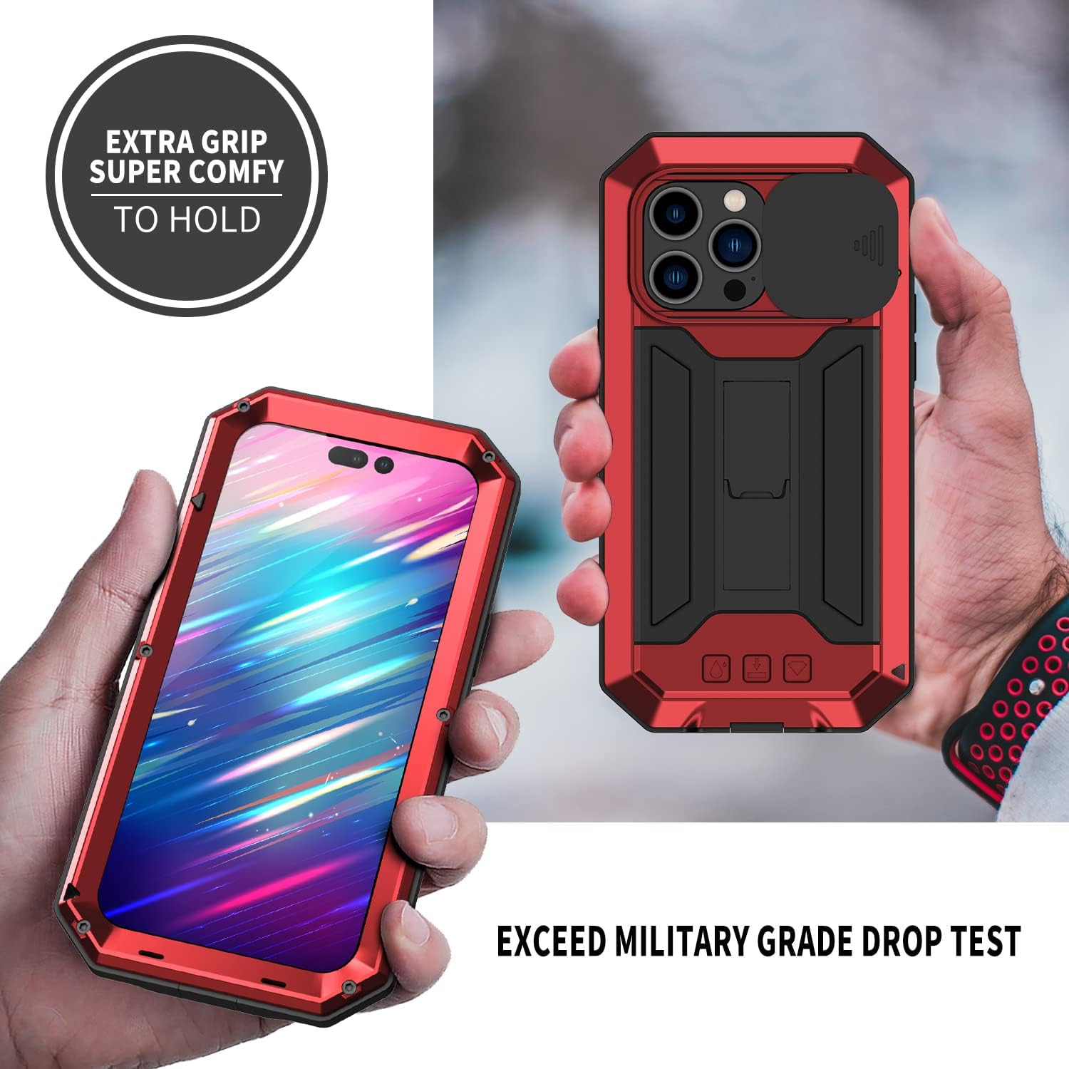 Compatible with iPhone 14 Pro Max Rugged Metal Case with Screen Protector Kickstand Camera Slide Cover Full Cover Military Sturdy Armour Shockproof Dorp Test for Outdoor(Red)
