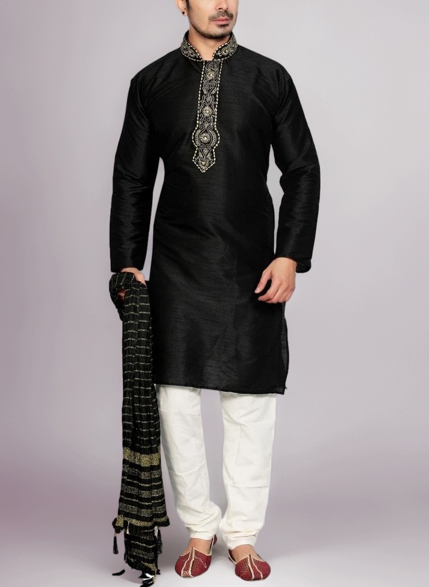 MKP9005 Men's Black Kurta Pajama Set Wedding Kurta Pyjama Indian Party Suit