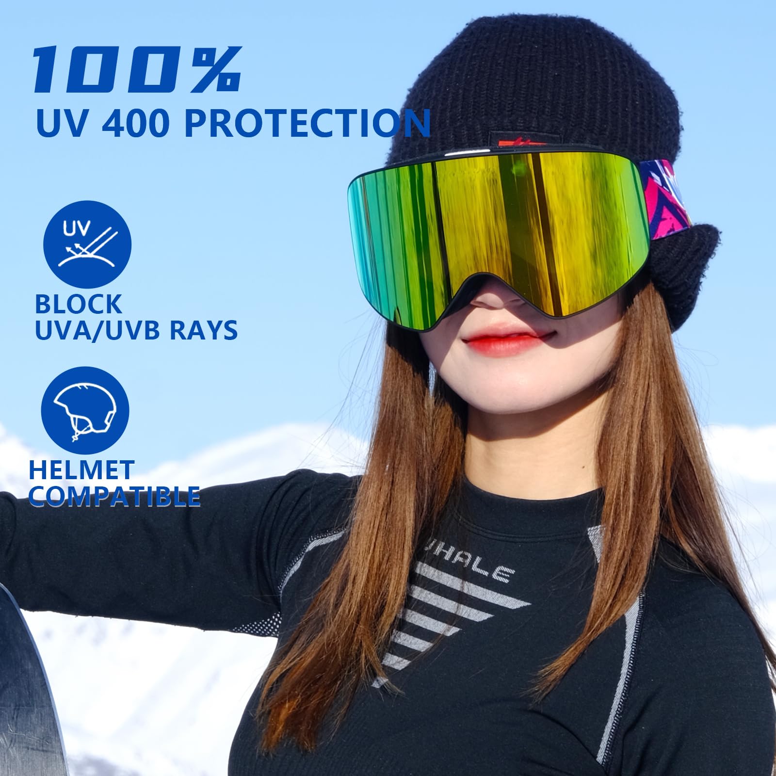 Whale Lunettes de ski OTG anti-buée sans monture pour homme, femme et jeune – Protection UV à 100 %