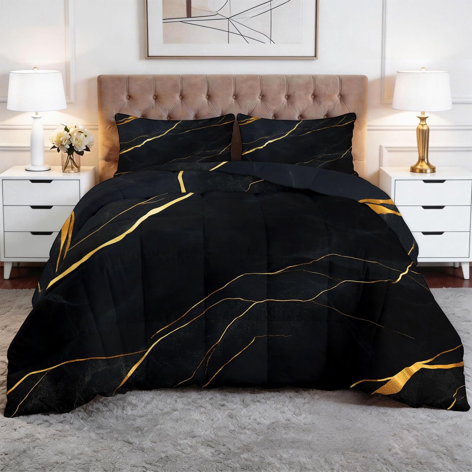 CozyRest Edredon Relleno nordico Cama Infantil Algodón - Mármol Negro Lujo - Bebe rellena Juego de Manta con Almohada 50 x 75 cm por niños e niñas